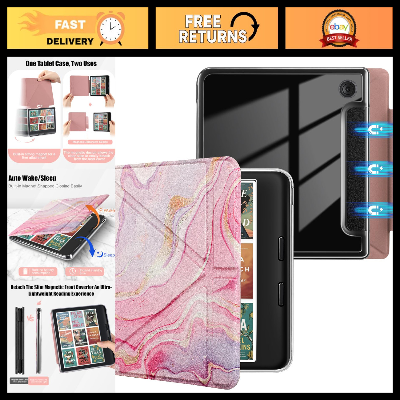 Magnetic Detachable Case for 7" Kobo Libra Colour - Pink Flowing Gold Design