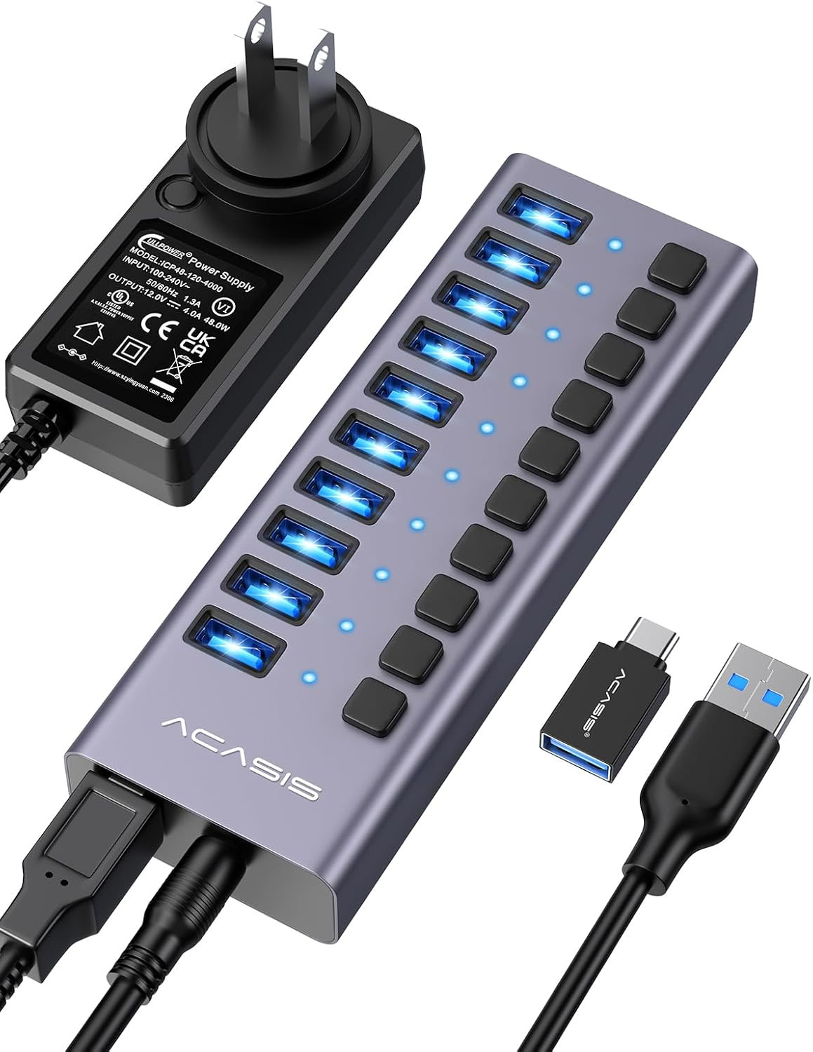 Powered 10 Ports USB 3.2 Hub, 10Gbps Data Transfer, 48W Adapter