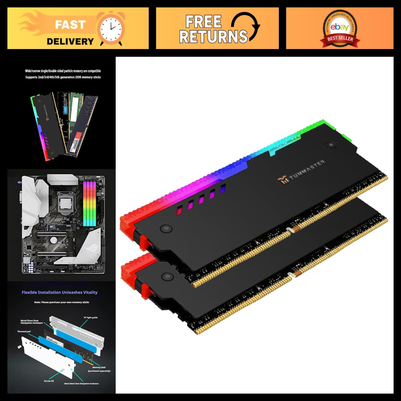 5V 3PIN ARGB RAM Heatsink Memory Cooler for DIY PC Gaming - DDR3 DDR4 DDR5 - 2 P