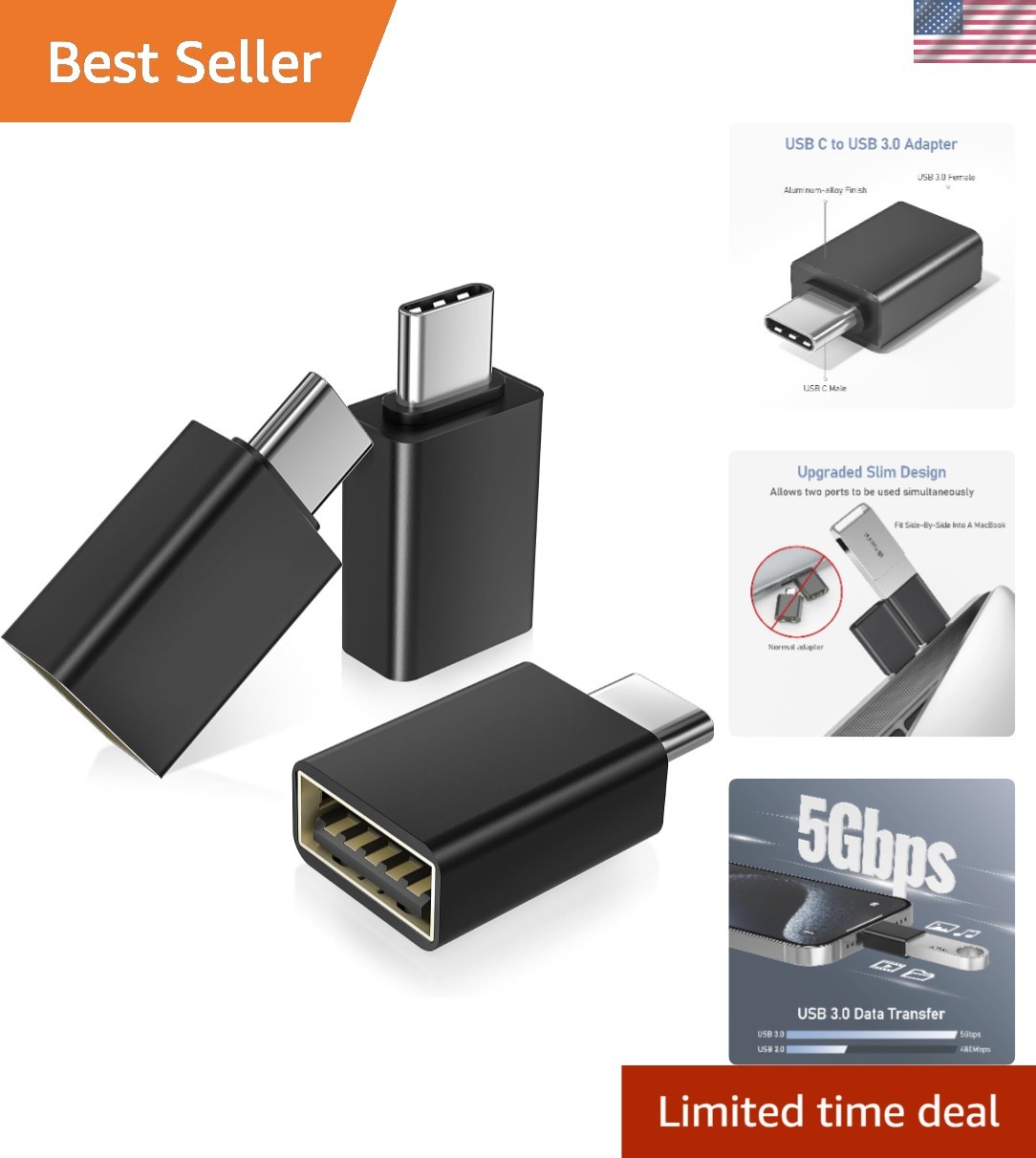 Compact USB C to USB A Adapter Set | High-Speed 5Gbps, Works with Major Brands