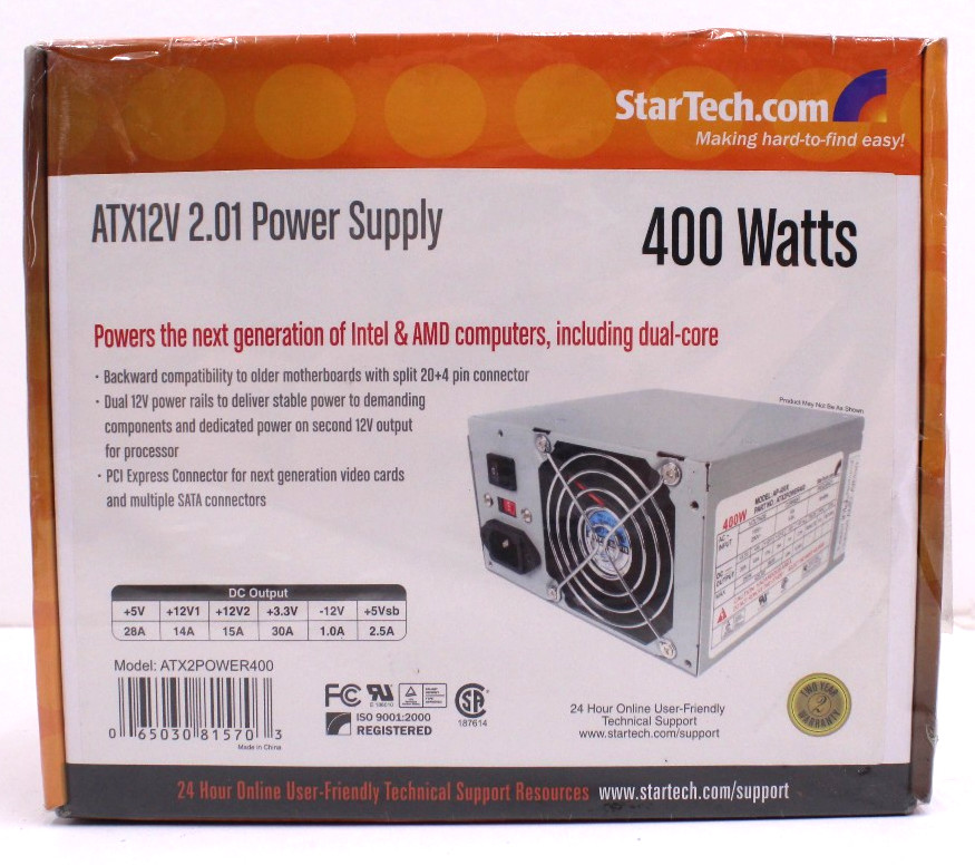 StarTech ATX2Power400 400W ATX12V Computer PC Power Supply 2.01 - New In Box