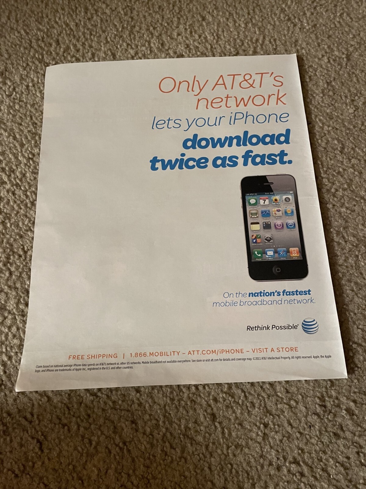 Vintage 2011 APPLE iPHONE 3GS AT&T PROMO PRINT AD "DOWNLOAD TWICE AS FAST"