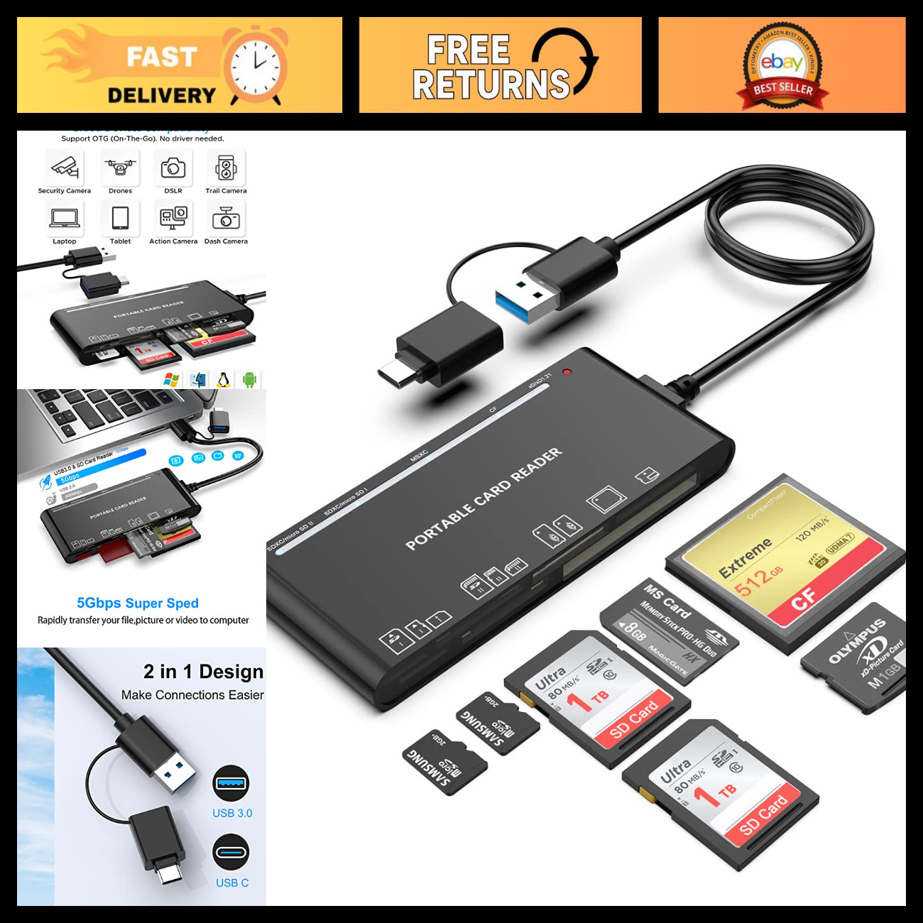 7-in-1 USB C Multi Card Reader Hub for SD, CF, Micro SD, XD, MS - Compatible wit