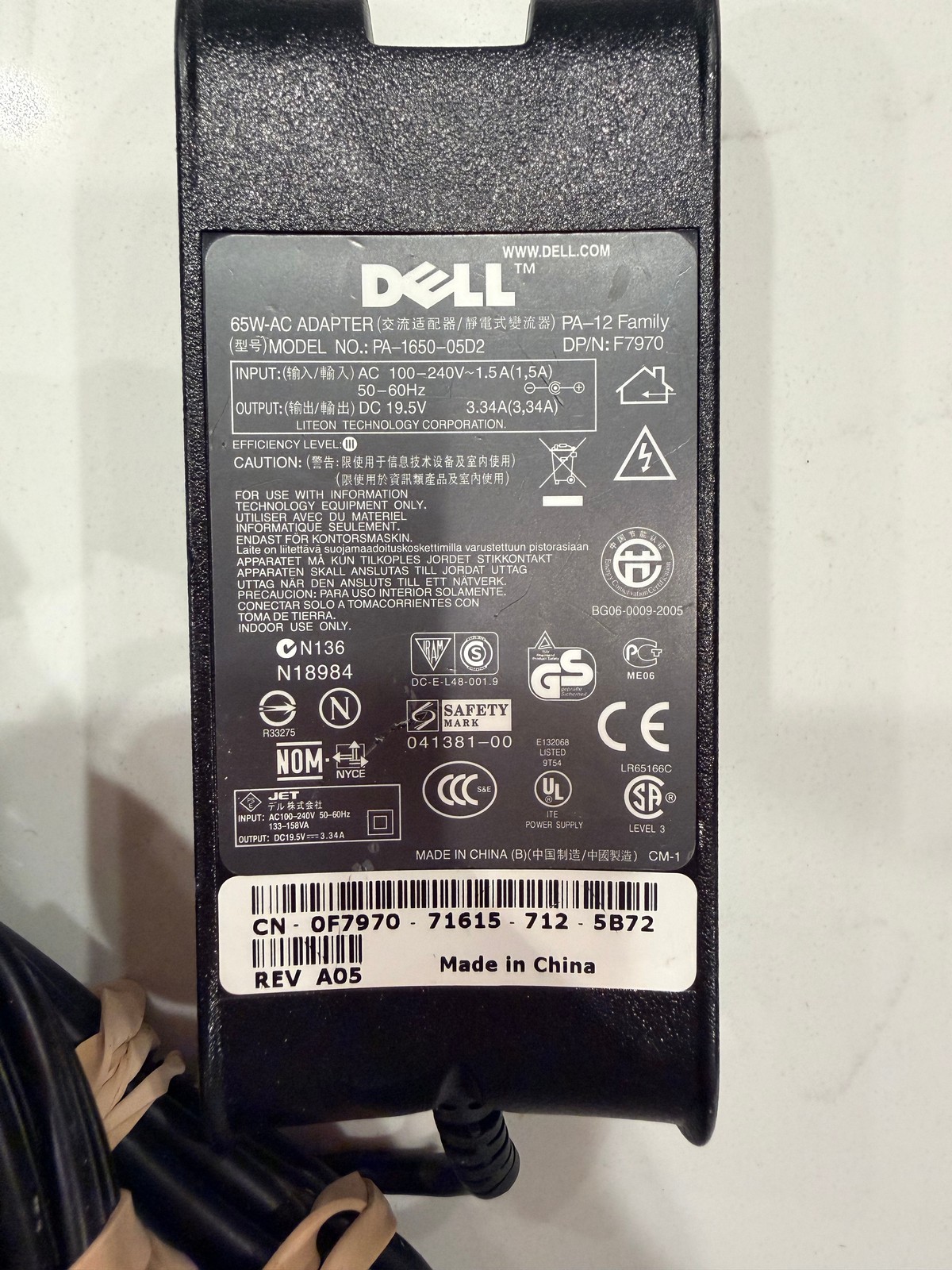 Dell PA-1650-05D2 65W AC Adapter Laptop Charger F7970 Genuine Original OEM