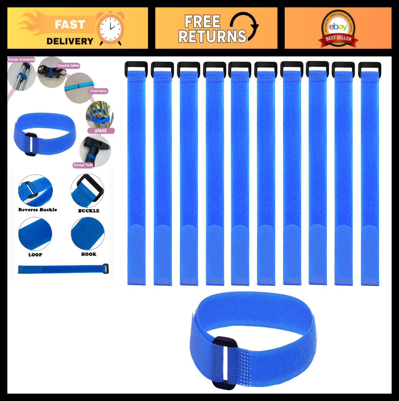 10 Pack Reusable Adjustable Cable Straps 12x0.8 Inch - Blue Hook & Loop Ties for