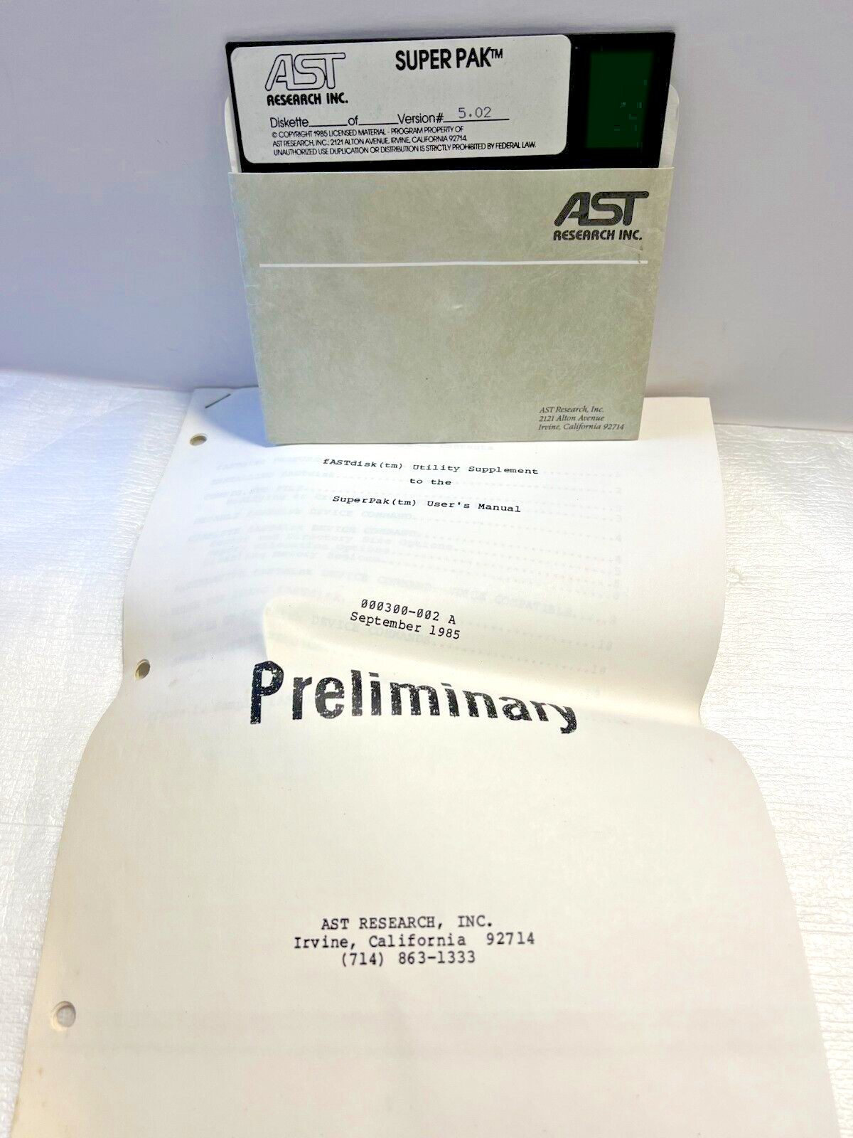 AST Research INC Super Pak Version # 5.02 Disk w/ FASTdisk Utility Supplement