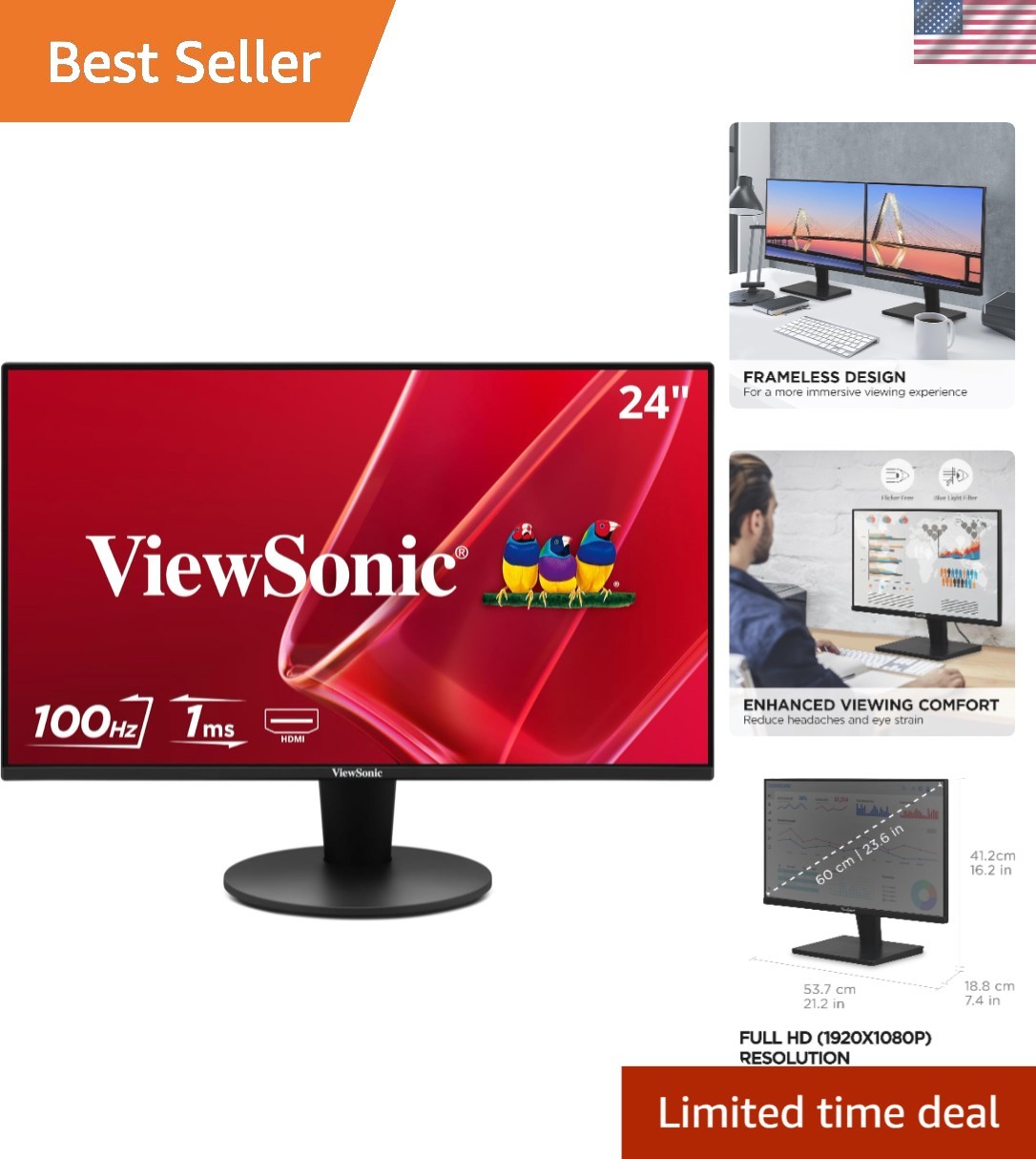 Versatile 24-Inch 1080p Monitor with HDMI/VGA Inputs, 100Hz Refresh Rate