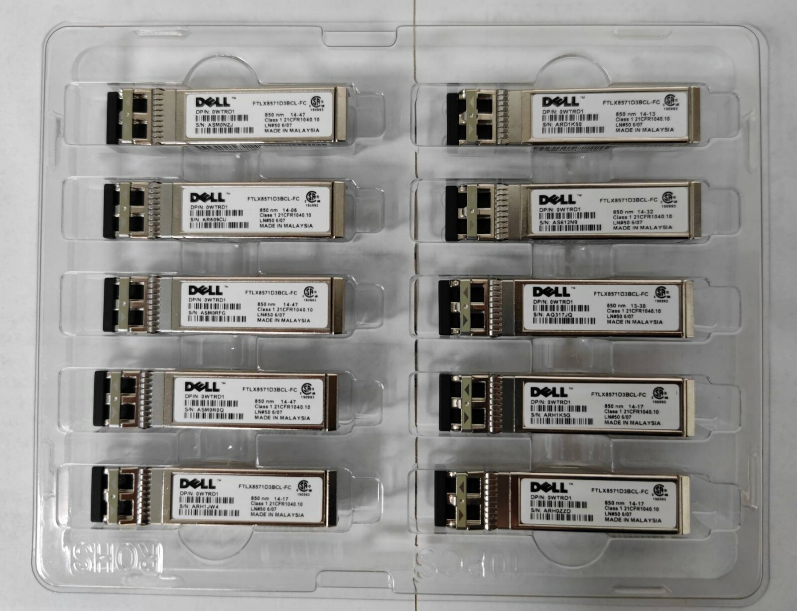10PCS/LOT Dell WTRD1 0WTRD1 10G SFP+ SR Transciever FTLX8571D3BCL-FC