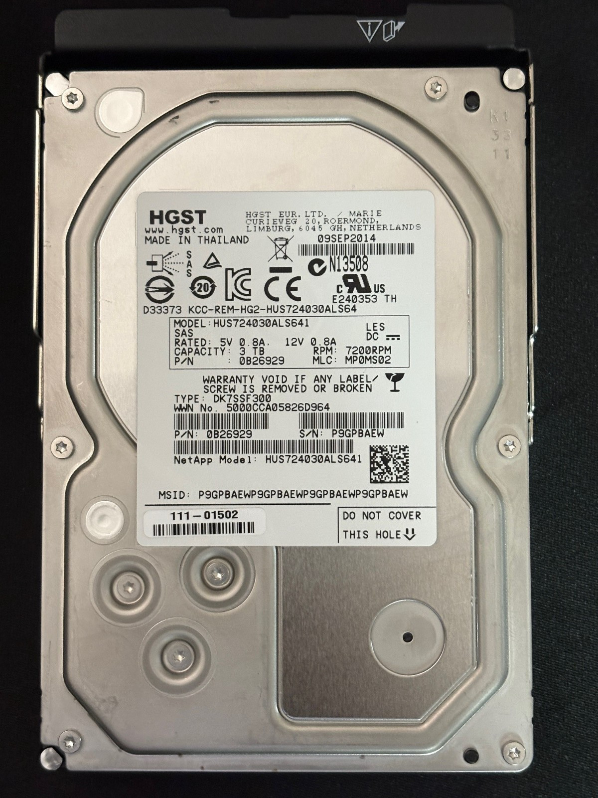 NetApp 111-01502  3TB SAS Drive - 6Gbps - FDE/DA - HUS724030ALS641 - 0B26929