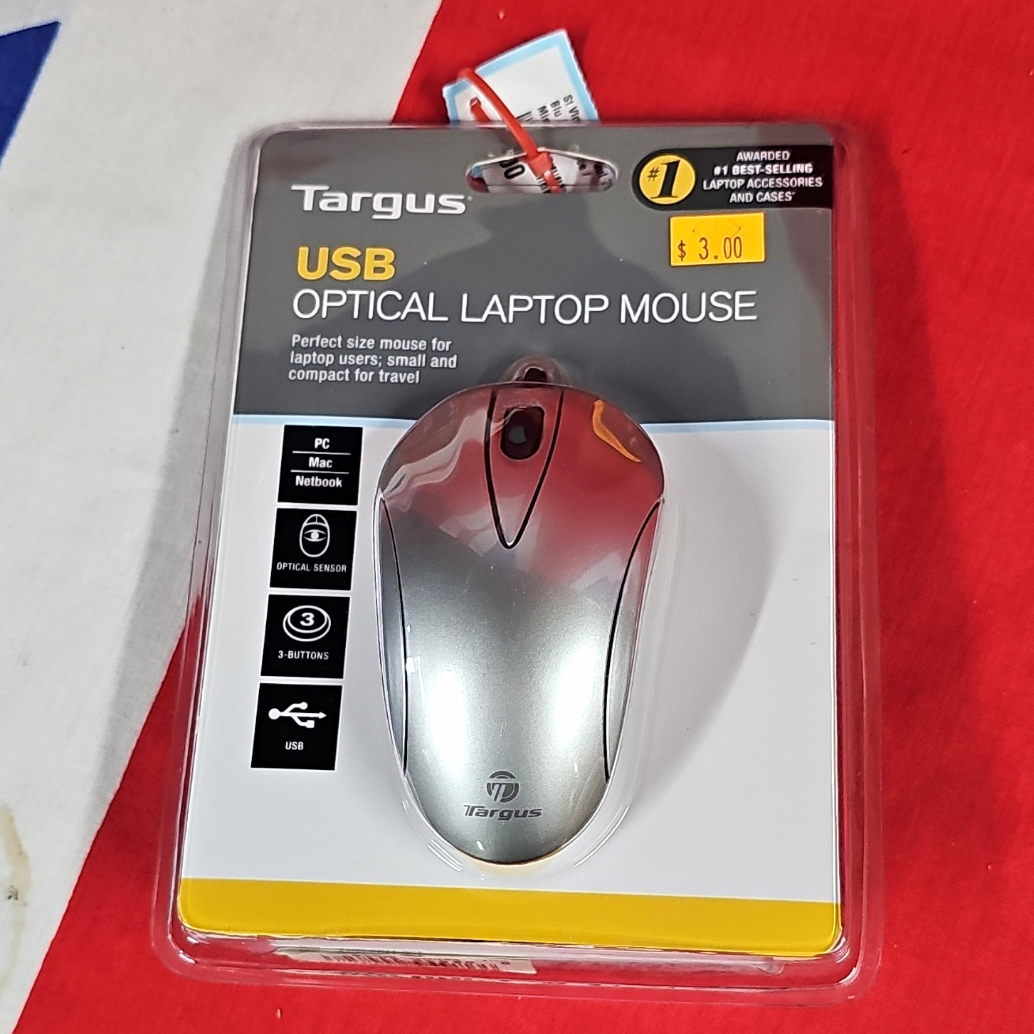 Targus Wired USB Optical Laptop Mouse 1200 DPI 3-Button Scroll Wheel Silver/Red