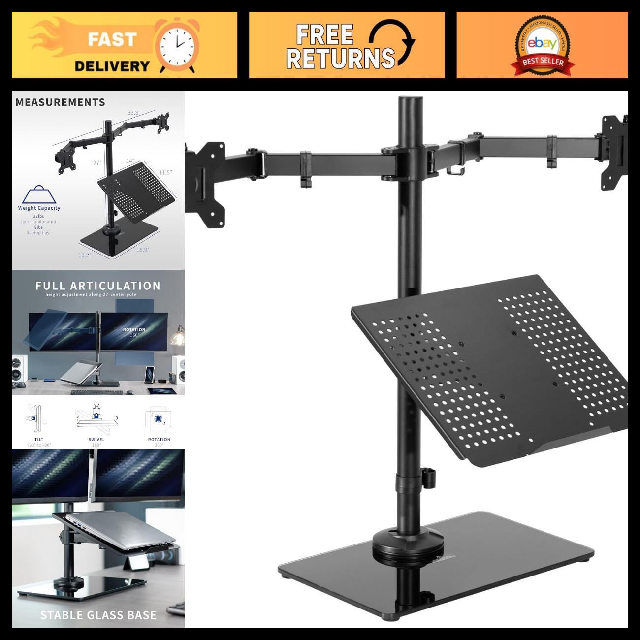 Dual Monitor & Laptop Stand, Freestanding Glass Base, Fits 32" Monitors & 17" La