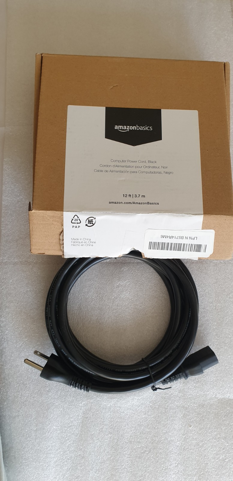 Amazon Basics Black Computer Power Cord - 12ft / 3.7m