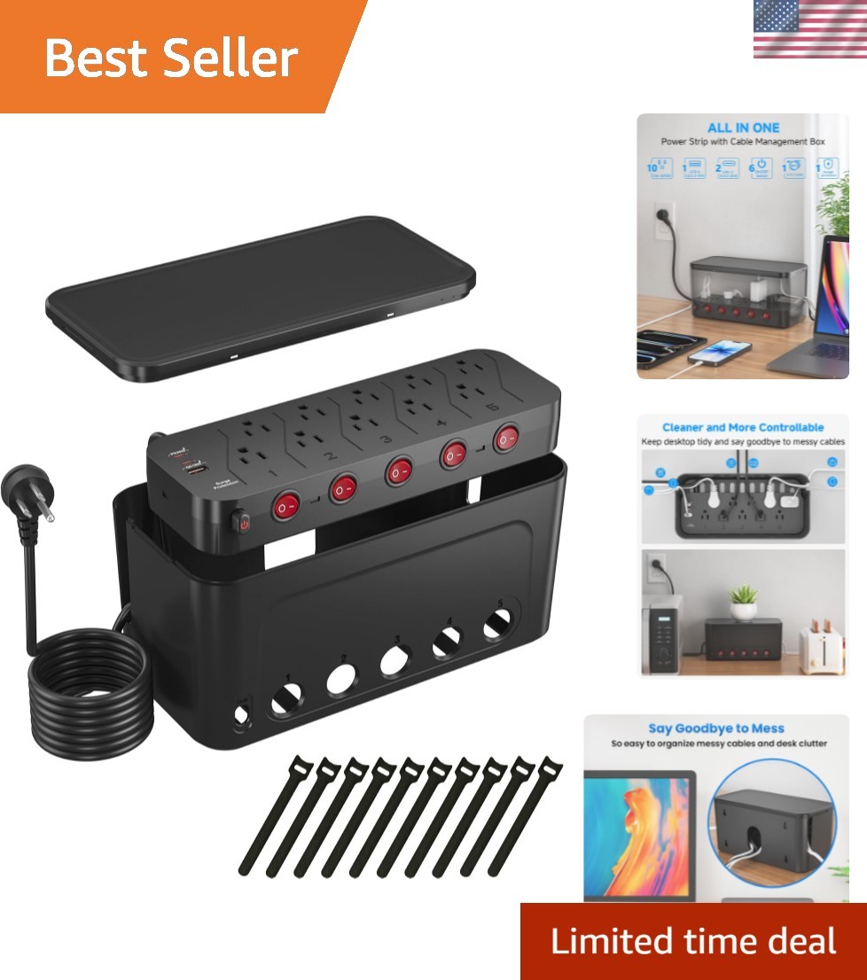 Power Strip with Cable Management Box, Large Cable Organizer Box, Black | Pow...