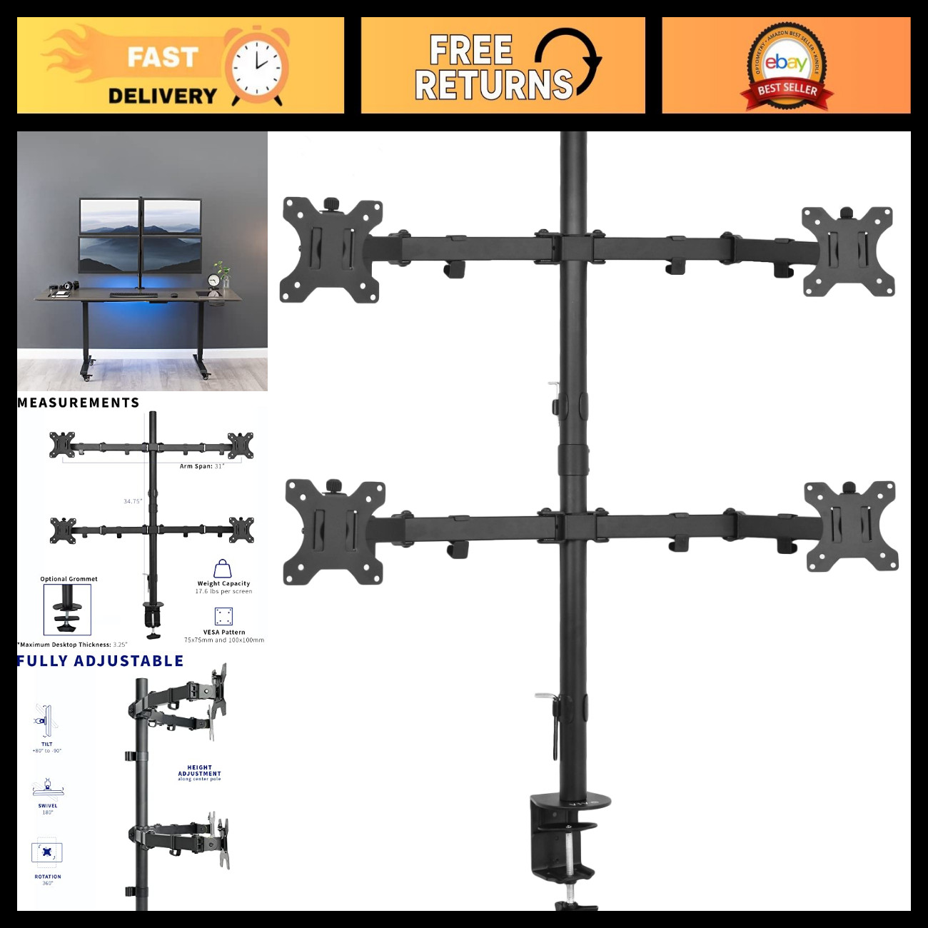 Adjustable Quad Monitor Desk Mount for 13-30" LCD Screens - 4 Screen Stand
