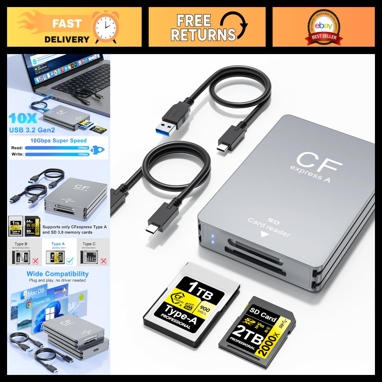 10Gbps CFexpress Type A & SD Card Reader, USB C & USB A 2-in-1, Fast Data Transf