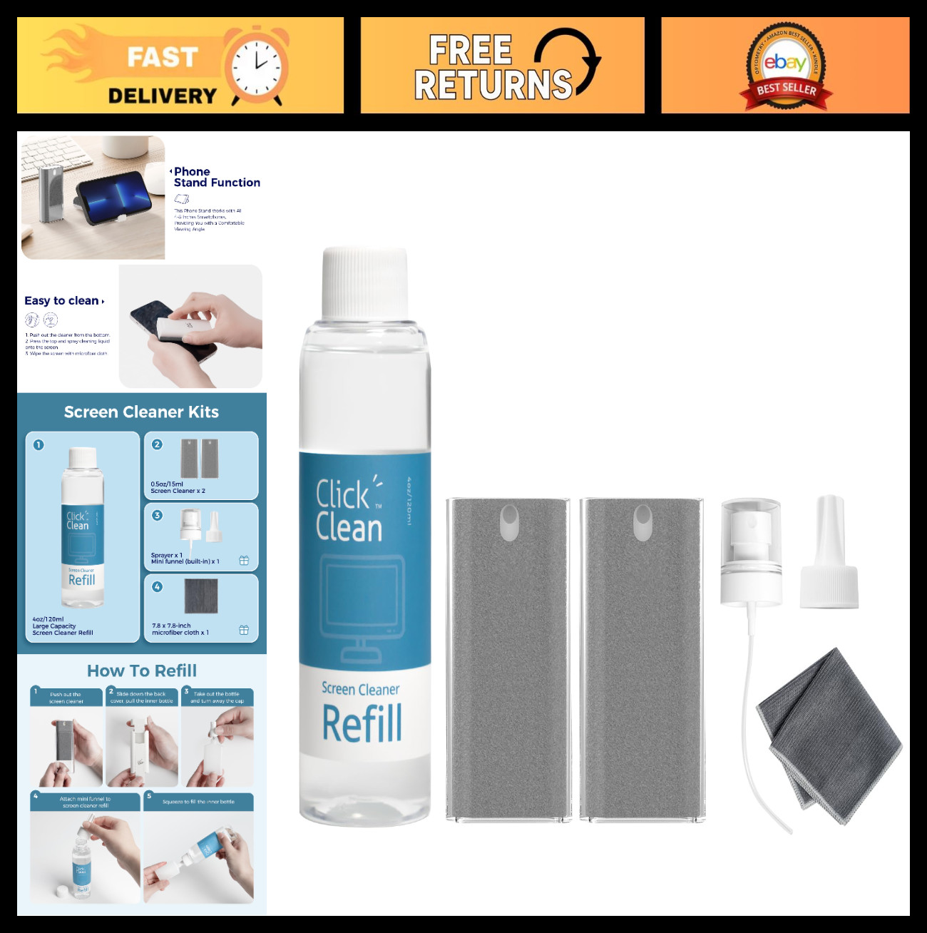 All-in-One Screen Cleaner Kit - 2 Mist Cleaners, 4oz Refill, Microfiber Cloth &