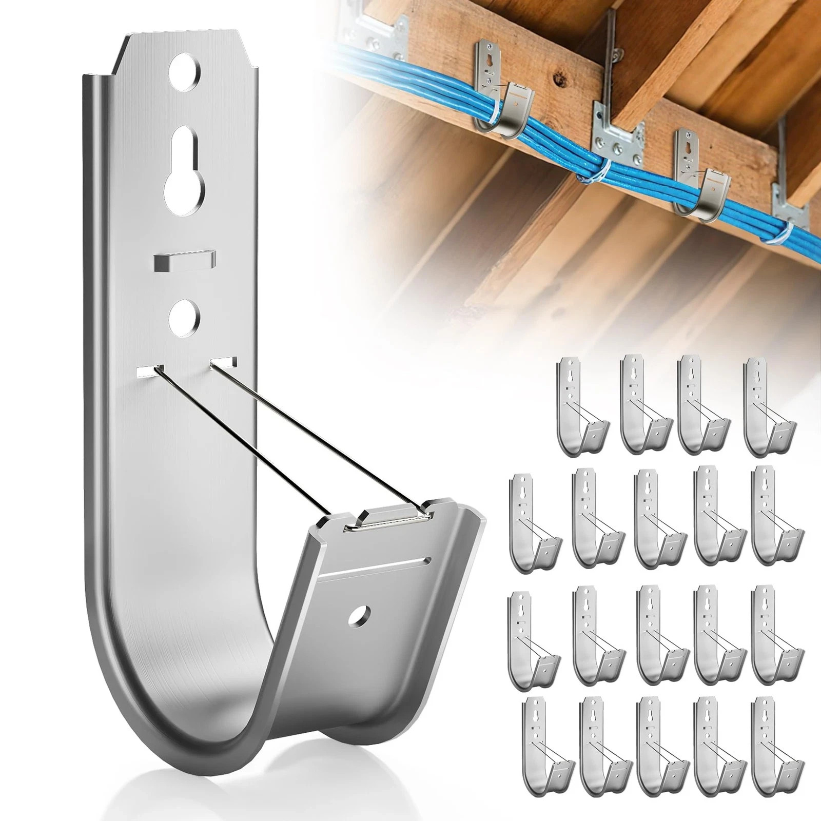 20 Pack J Cable Hook with Retainer Clip, 2-Inch Heavy Duty Wall Mount J-Hooks...