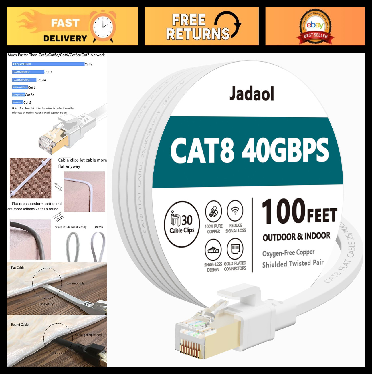 100ft Cat8 Ethernet Cable - 40Gbps, 2000MHz, Flat S/FTP LAN Cable, White