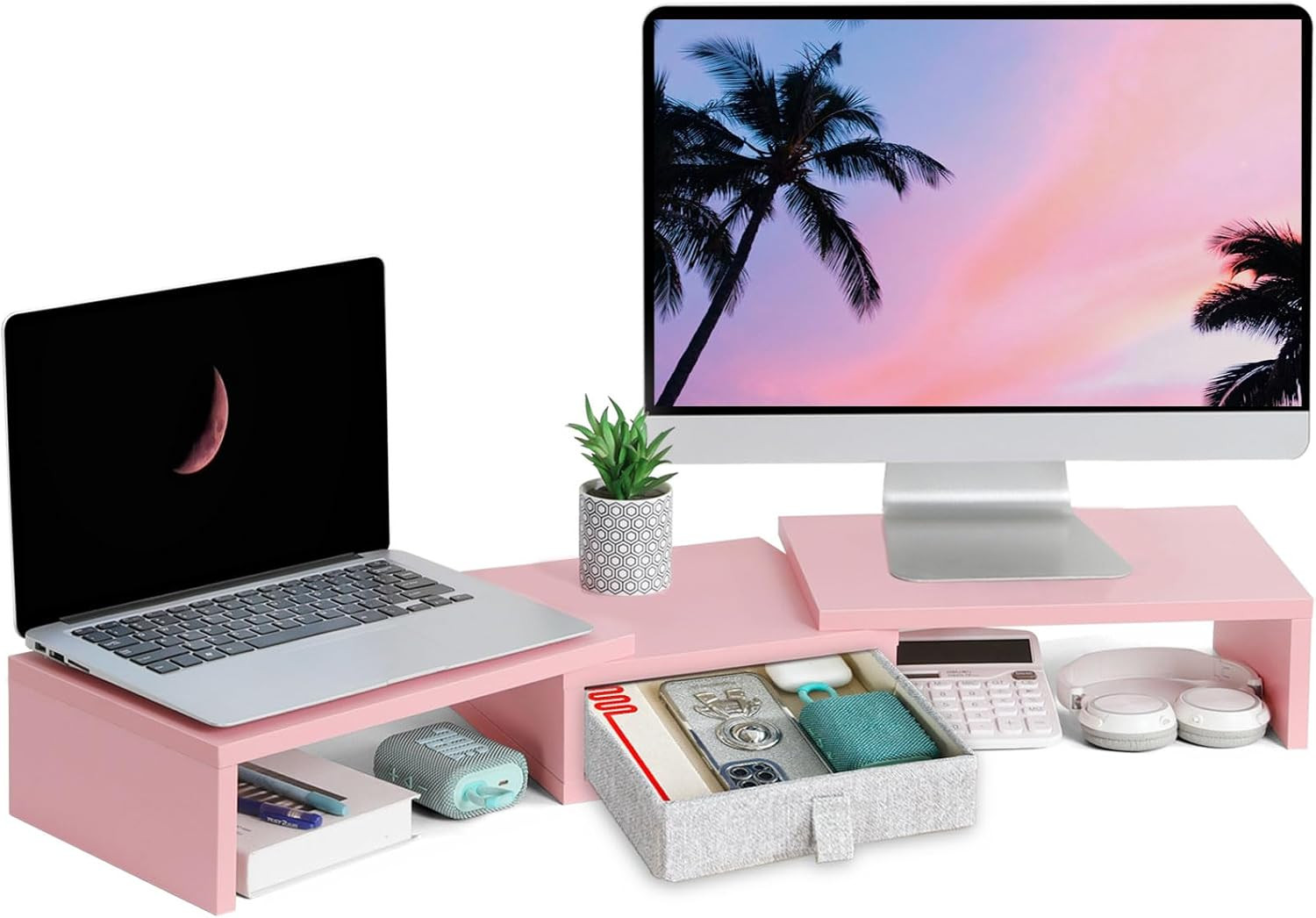 Pink Dual Monitor Stand Riser with Drawer - Length and Angle Adjustable Double C