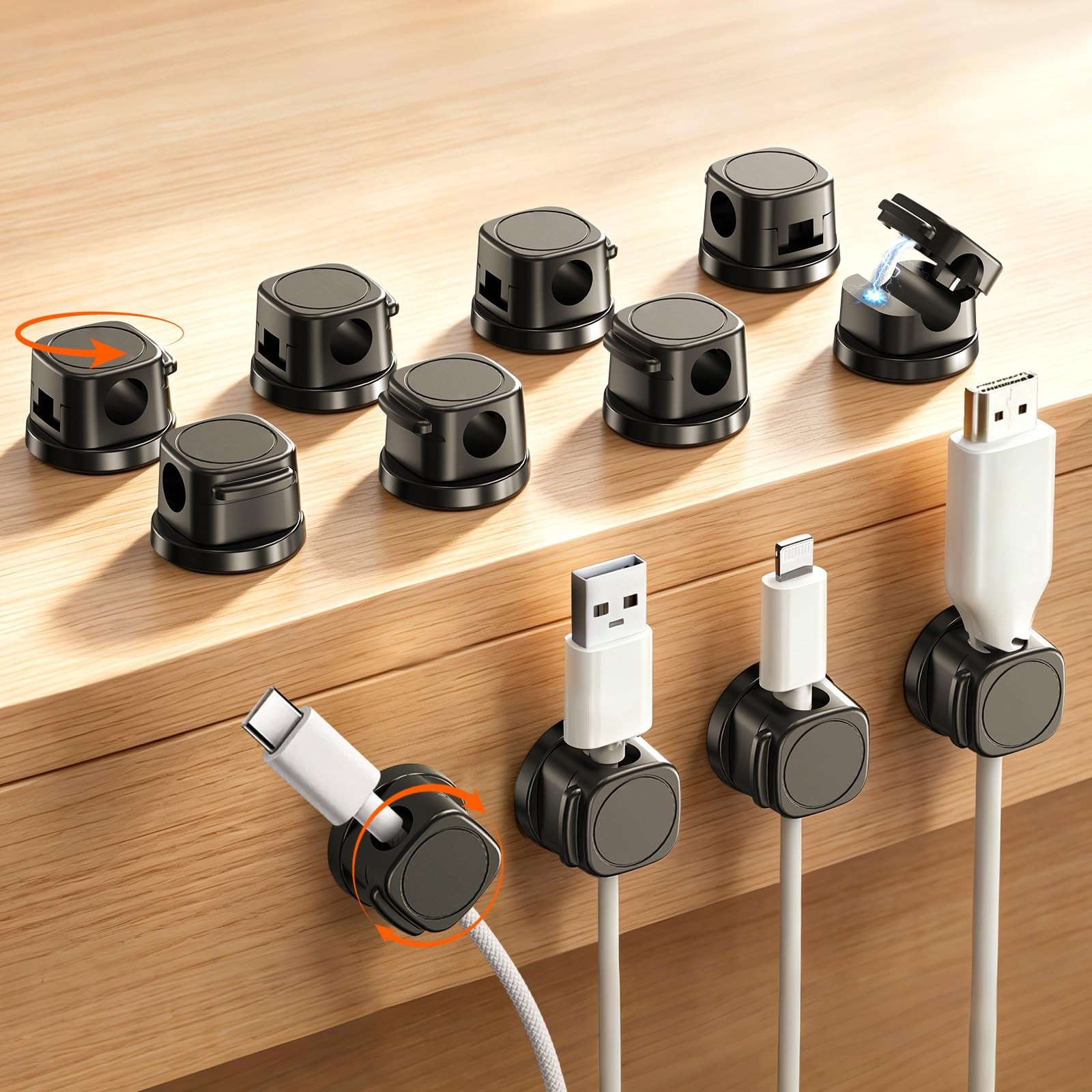 Hoarahloux Magnetic Cable Clips 12 Pack, 360° Rotatable Self-Adhesive Cord...