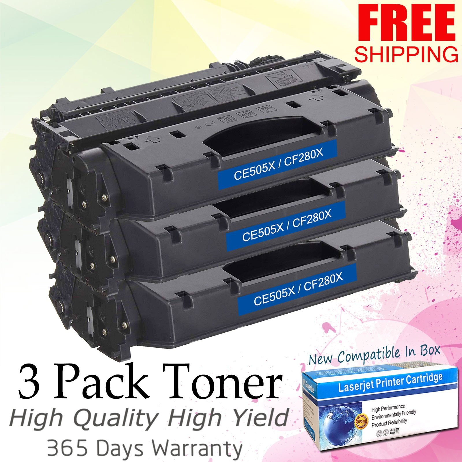 3PK CE505X 05X Bk Toner Cartridge For HP LaserJet P2055d P2055dn P2055x Printer