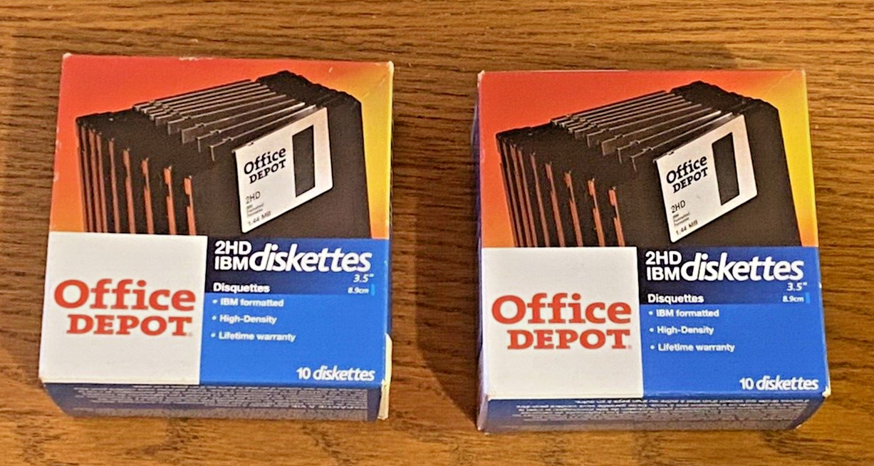 Office Depot 2HD IBM Diskettes 3.5” IBM Formatted DS, HD Two Boxes of 10 - NEW