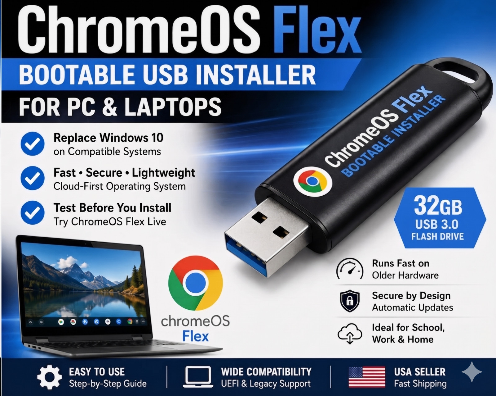 ChromeOS Flex Bootable USB 3.0 Installer (32GB)