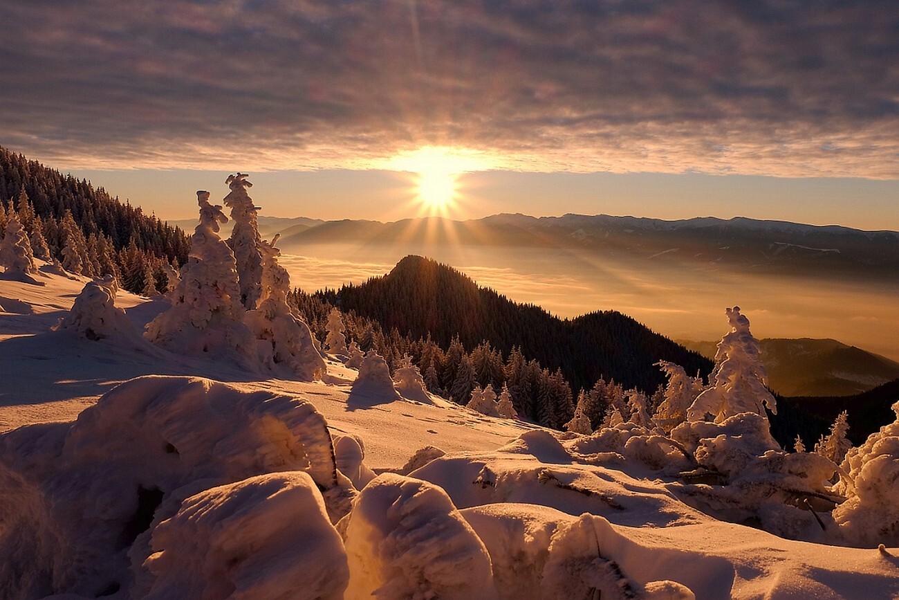 Landscape nature sunset forest snow winter clouds mist Custom Gaming Mat Desk