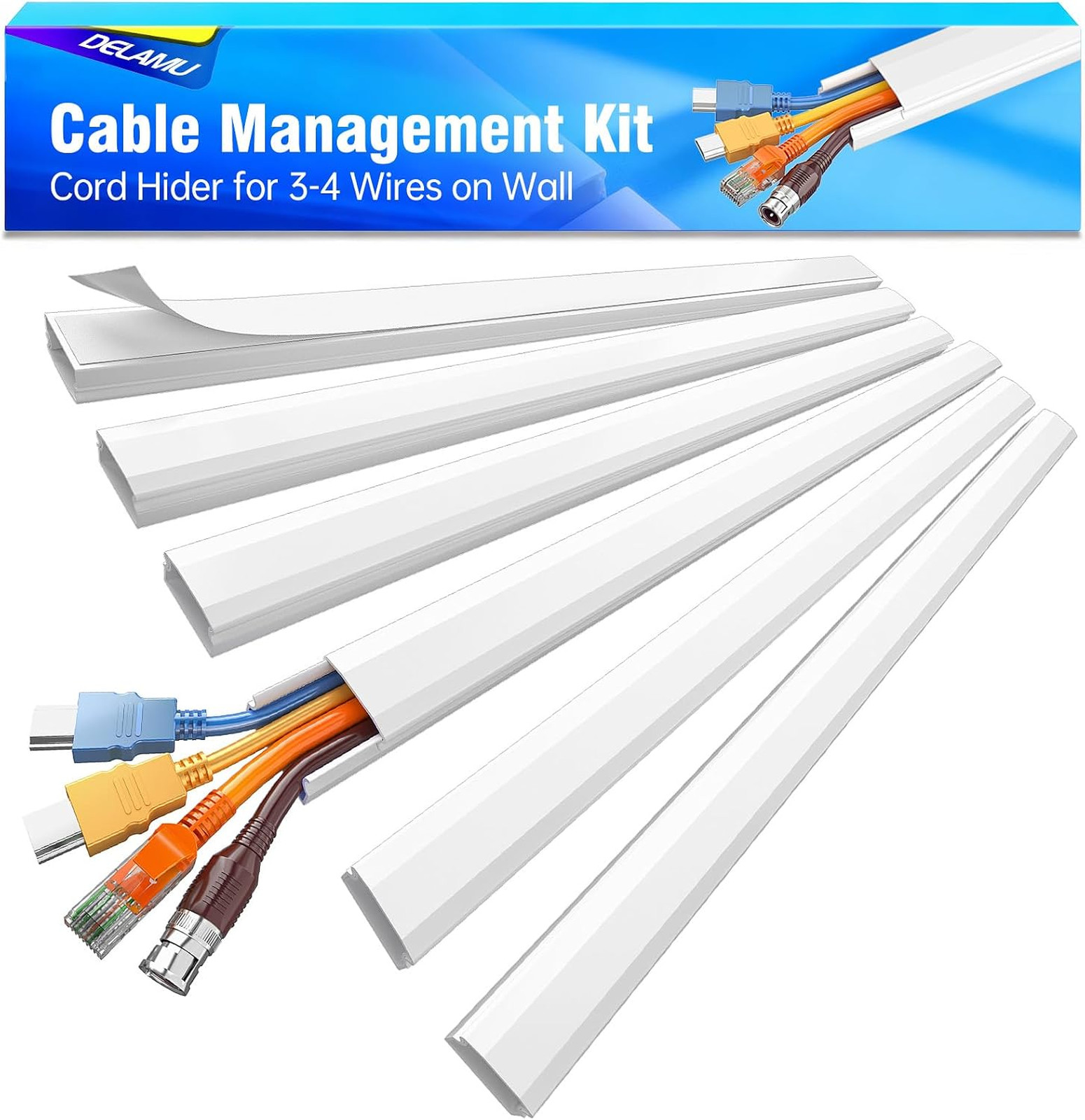 Cable raceway for wall TV cords, large plastic cable cover kit, 6 pack, white
