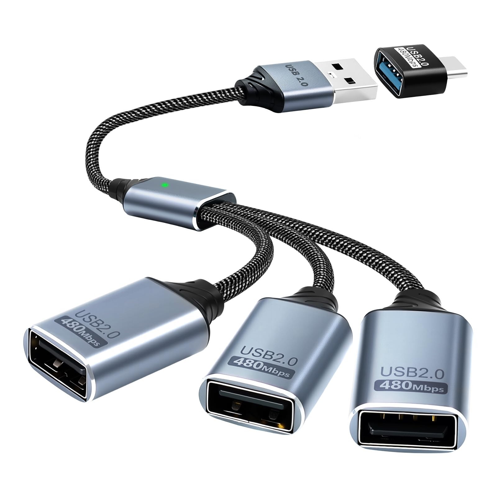 USB Splitter 1 to 3 with USB A to C Adapter, USB 2.0 Extension Cable 3 Port H...