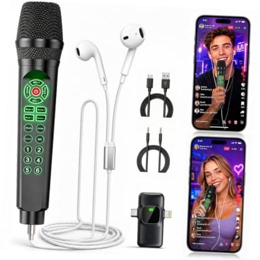 Black MC9 Karaoke Microphone for Phone/PC - Live Streaming Microphone Set