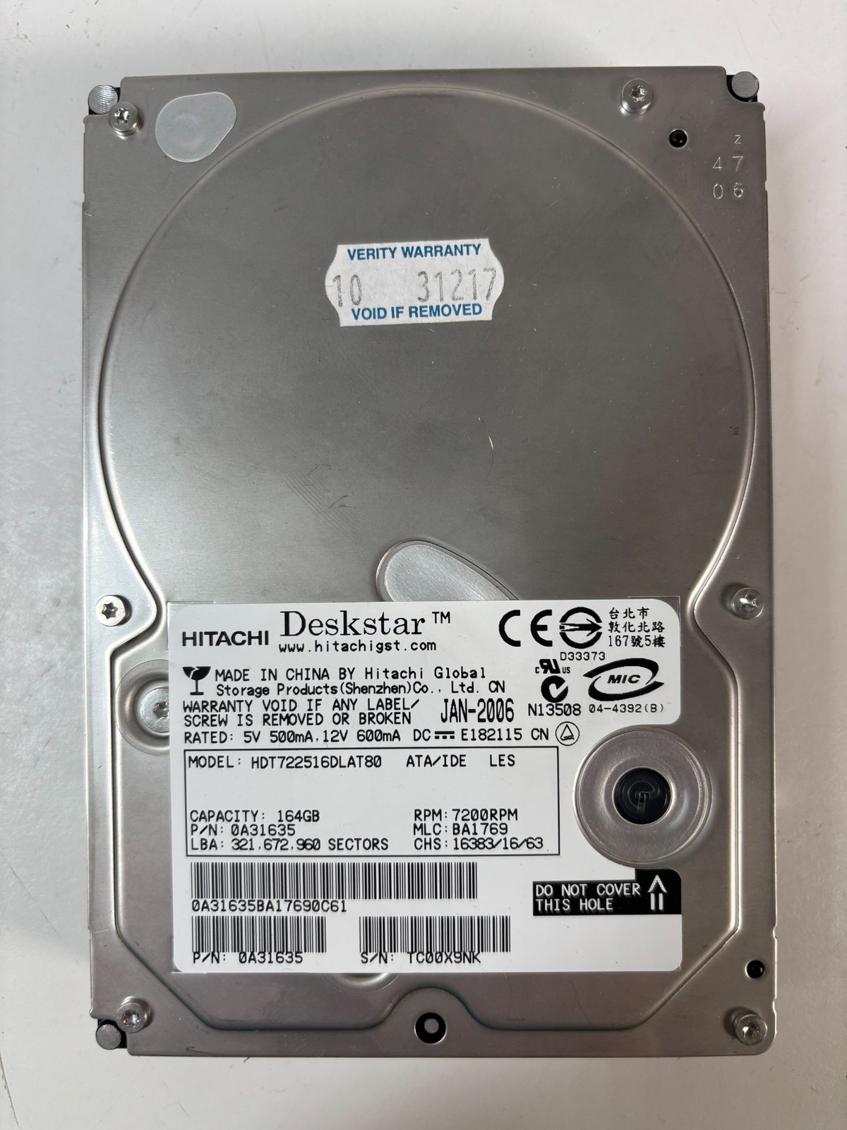 Hitachi Deskstar 164GB 7200RPM ATA/IDE HDD Model HDT722516DLA780