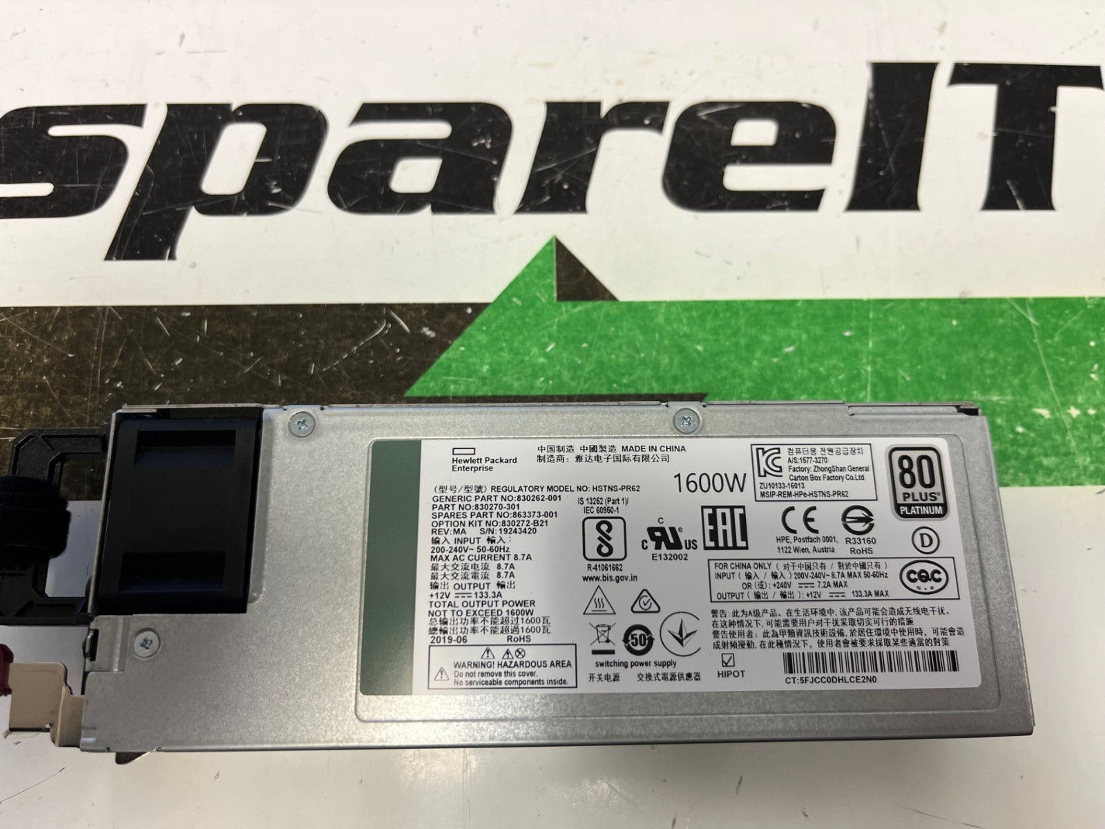 HPE 830272-B21 1600W FLEX SLOT PLATINUM HOT PLUG LH POWER SUPPLY 863373-001