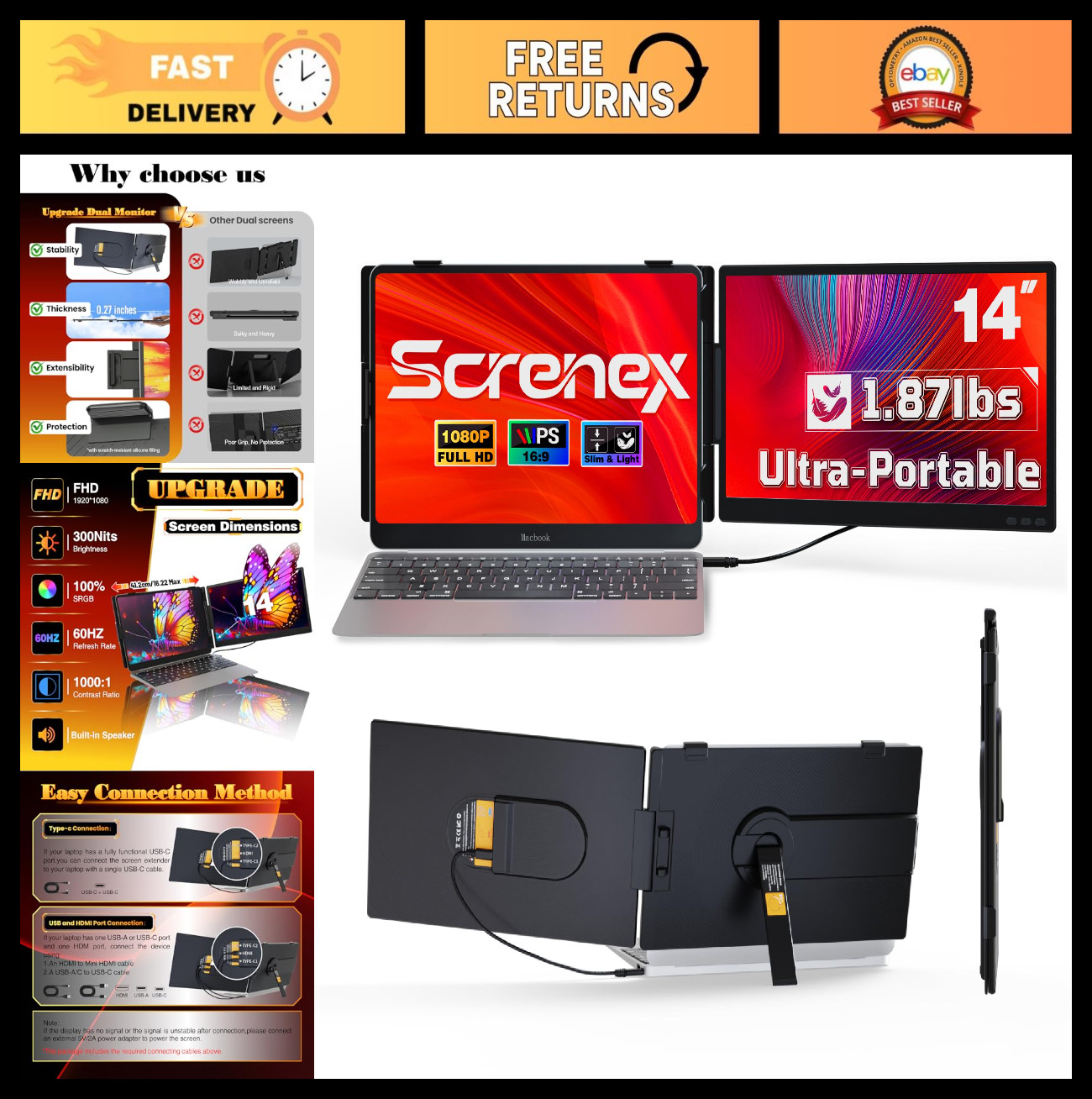 Ultra-Thin 14" FHD 1080P Laptop Screen Extender, Dual Portable Monitor, USB-C/HD