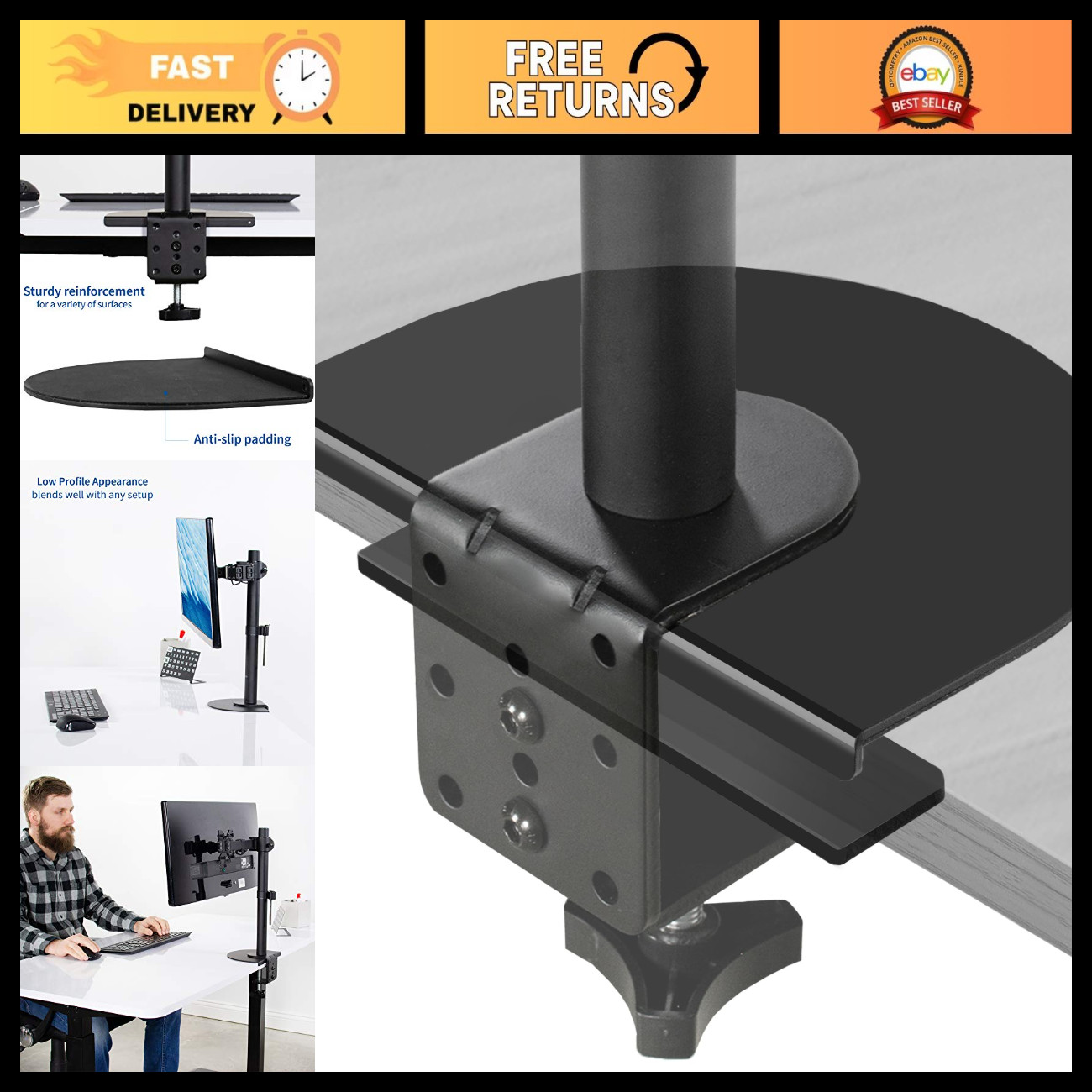 Heavy-Duty Black Steel Reinforcement Bracket Mount Plate for TV/Monitor Stand