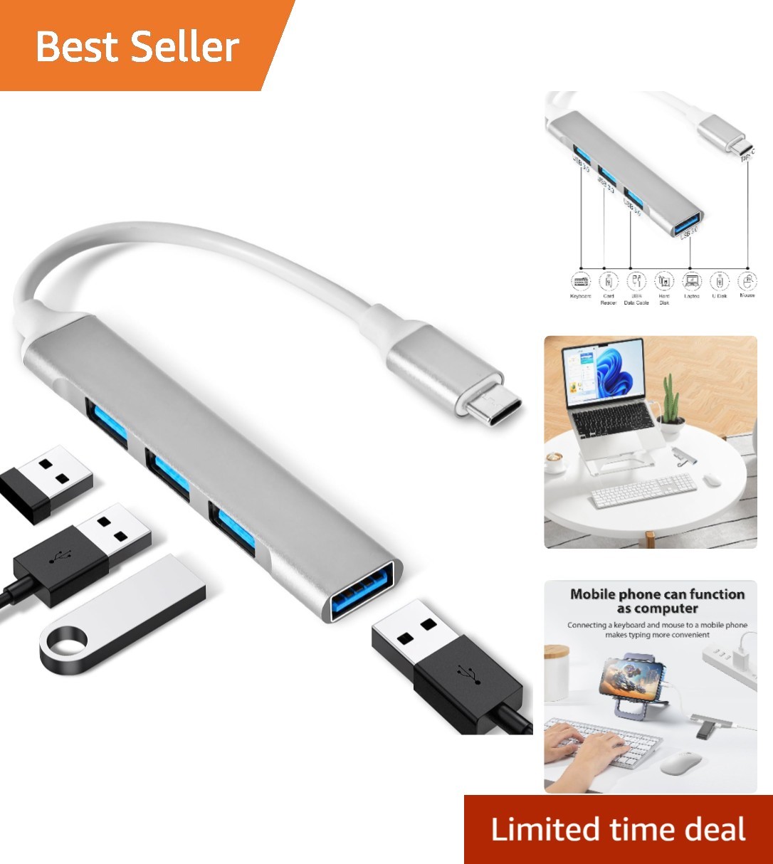 Versatile Aluminum 4-Port USB Hub for MacBook Pro/Air & Devices - Plug & Play