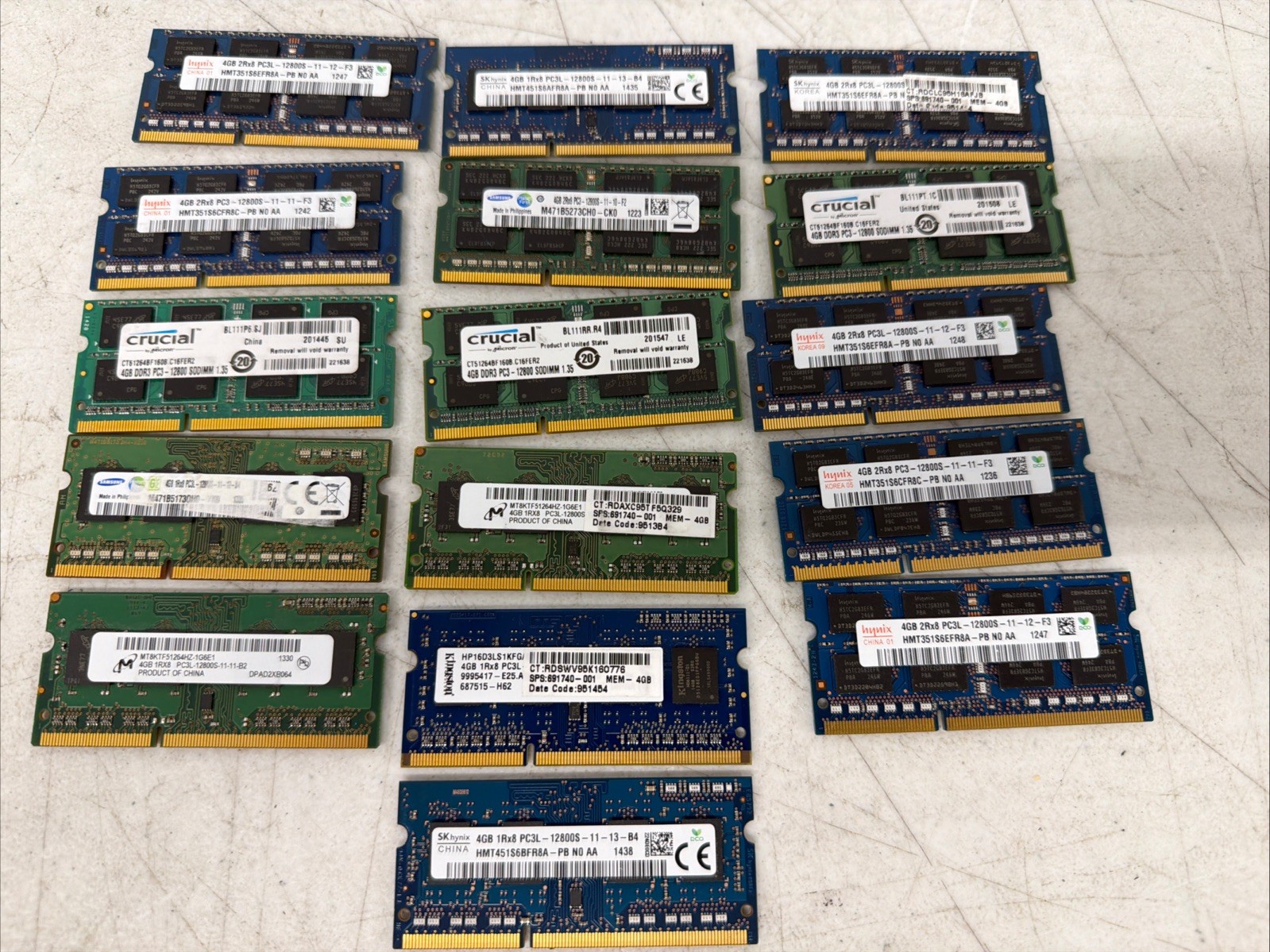 Lot of 16 -  4GB DDR-3  SODIMM RAM Crucial /Micron /Sk Hynix Mixed