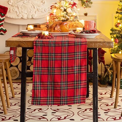 Red Green Plaid Christmas Table Runner, Winter Holiday Table Runners 72 inches 