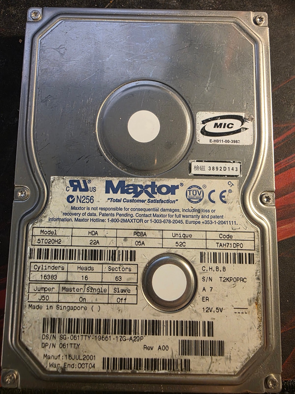 Vintage Used Maxtor 20GB Model 5T020H2