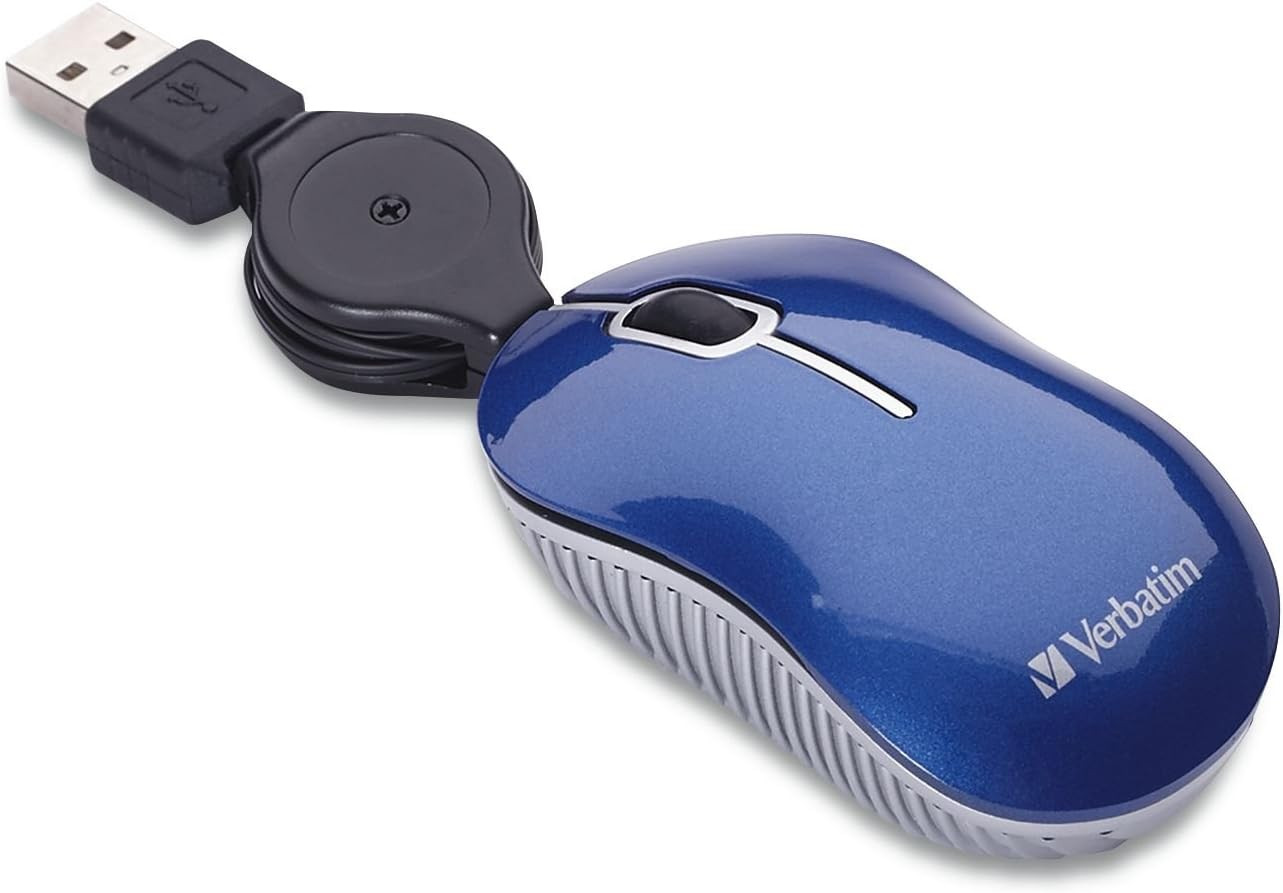 Mini Travel Optical Mouse, USB 2.0, Retractable Cable, Blue