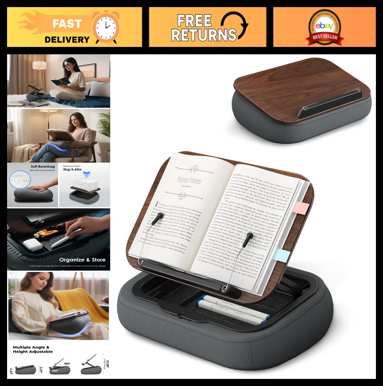 Adjustable Lap Book Pillow Stand with Storage, Multi-Angle Reading Cushion for B
