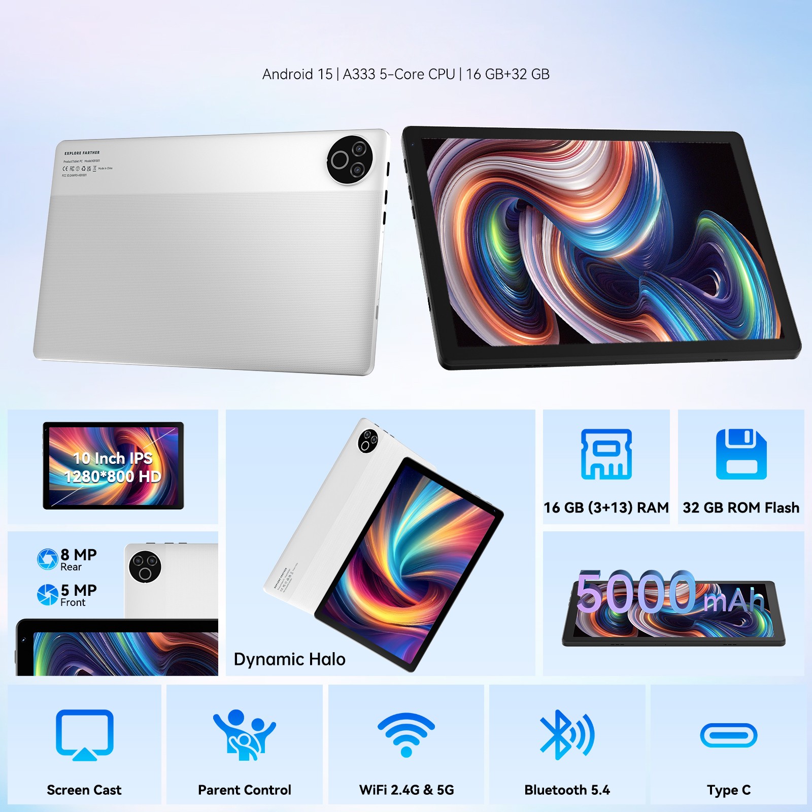 Android 15 5-Core 10inch Tablet,16GB Ram+32GB ROM 5G Wifi Dual Camera 5MP+8MP