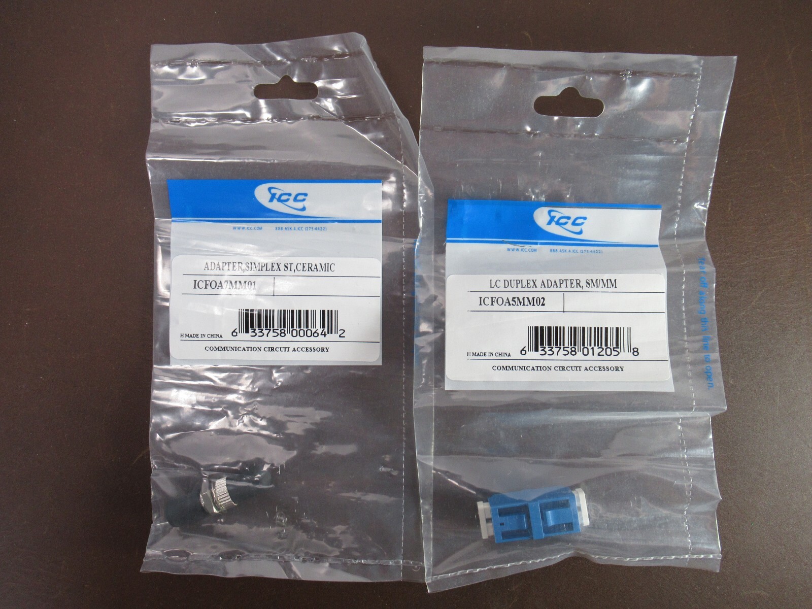 Lot of 2 ICC Adapters, 1 LC Duplex Adapter, 1 Simplex ST Adapter (L FD)