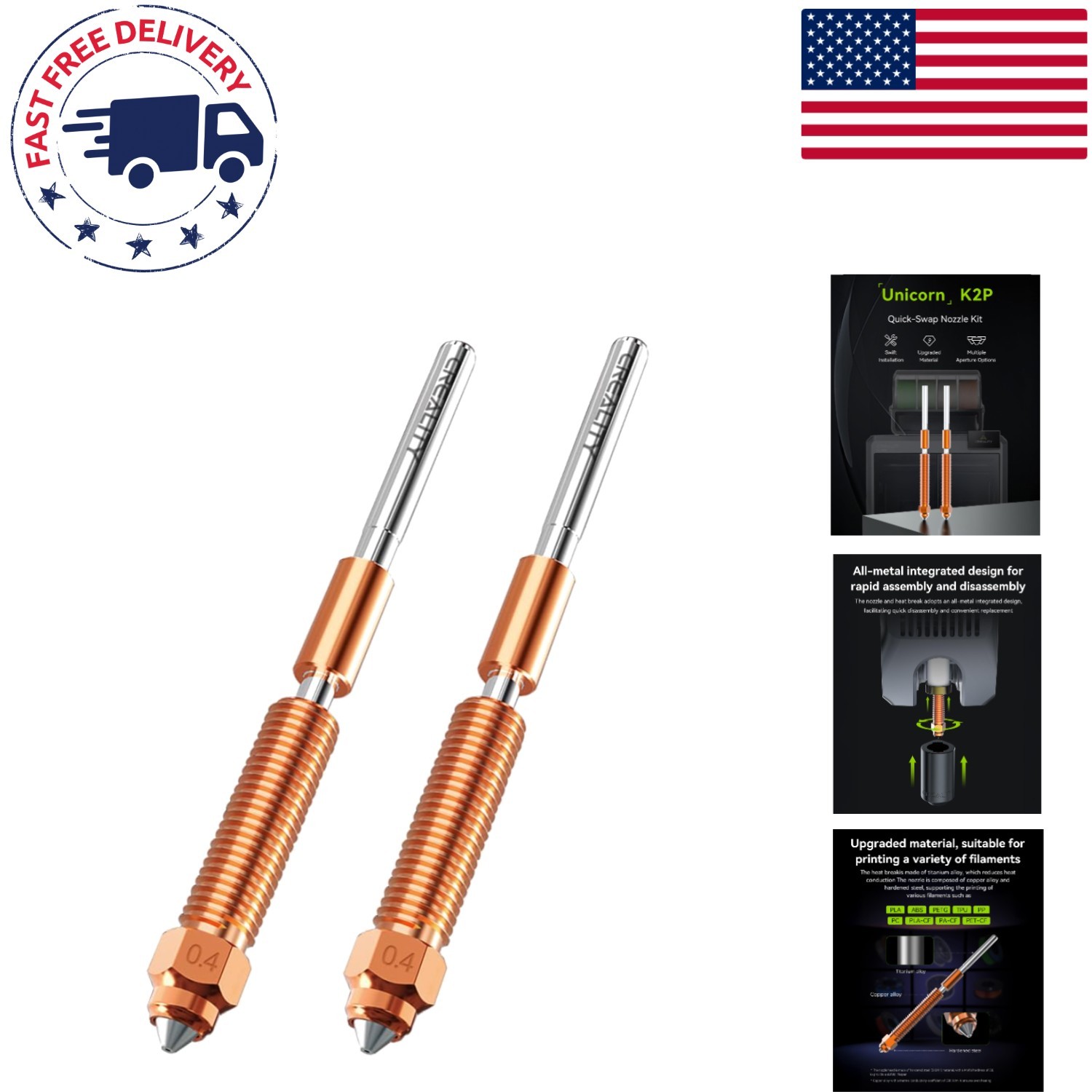 K2 Plus Compatible 0.4mm Nozzle Kit - 2PCS Copper Alloy for Precision Printing