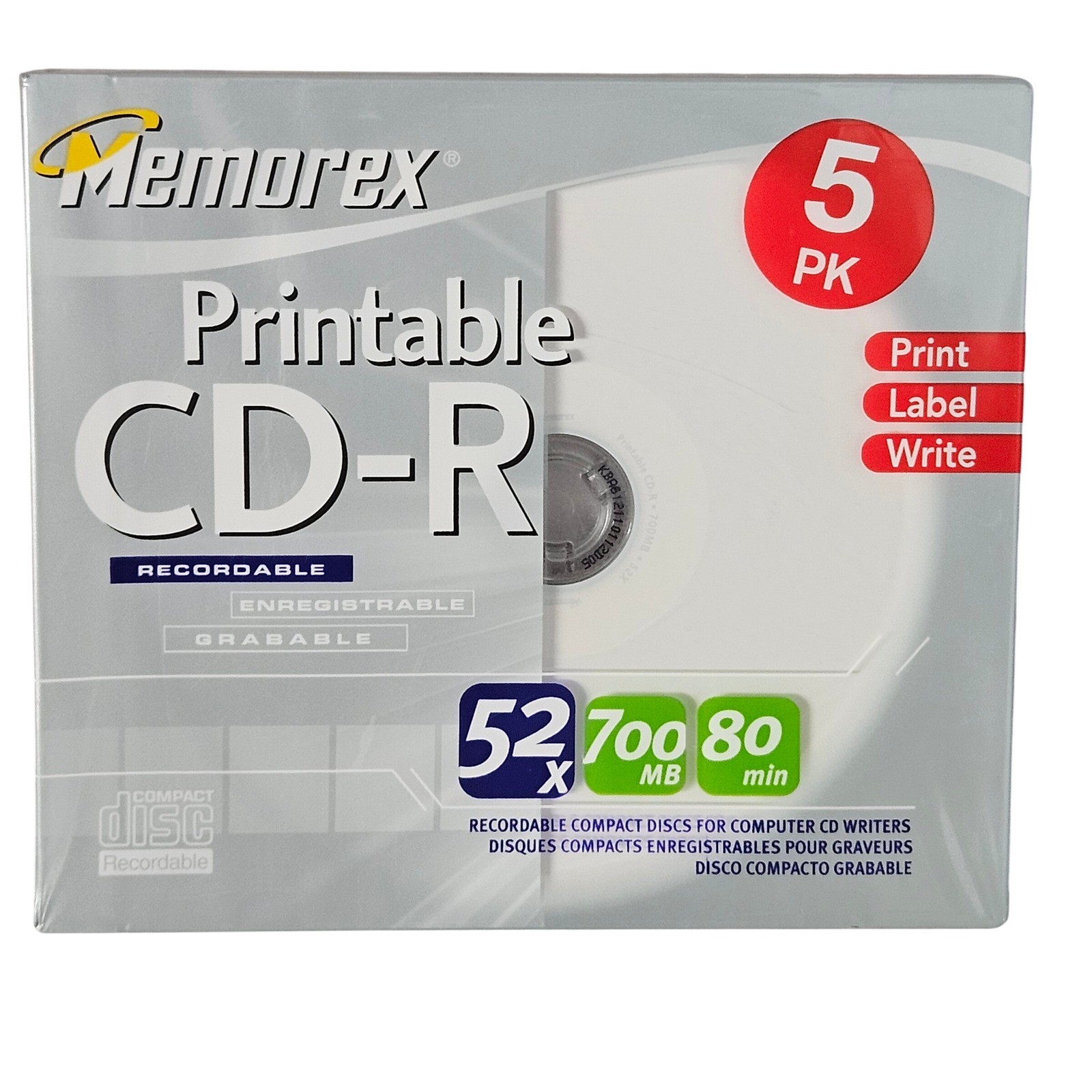 Memorex Vintage NWT Printable CD-R 5 Pack 700MB 80Min 52x White 3202 4729