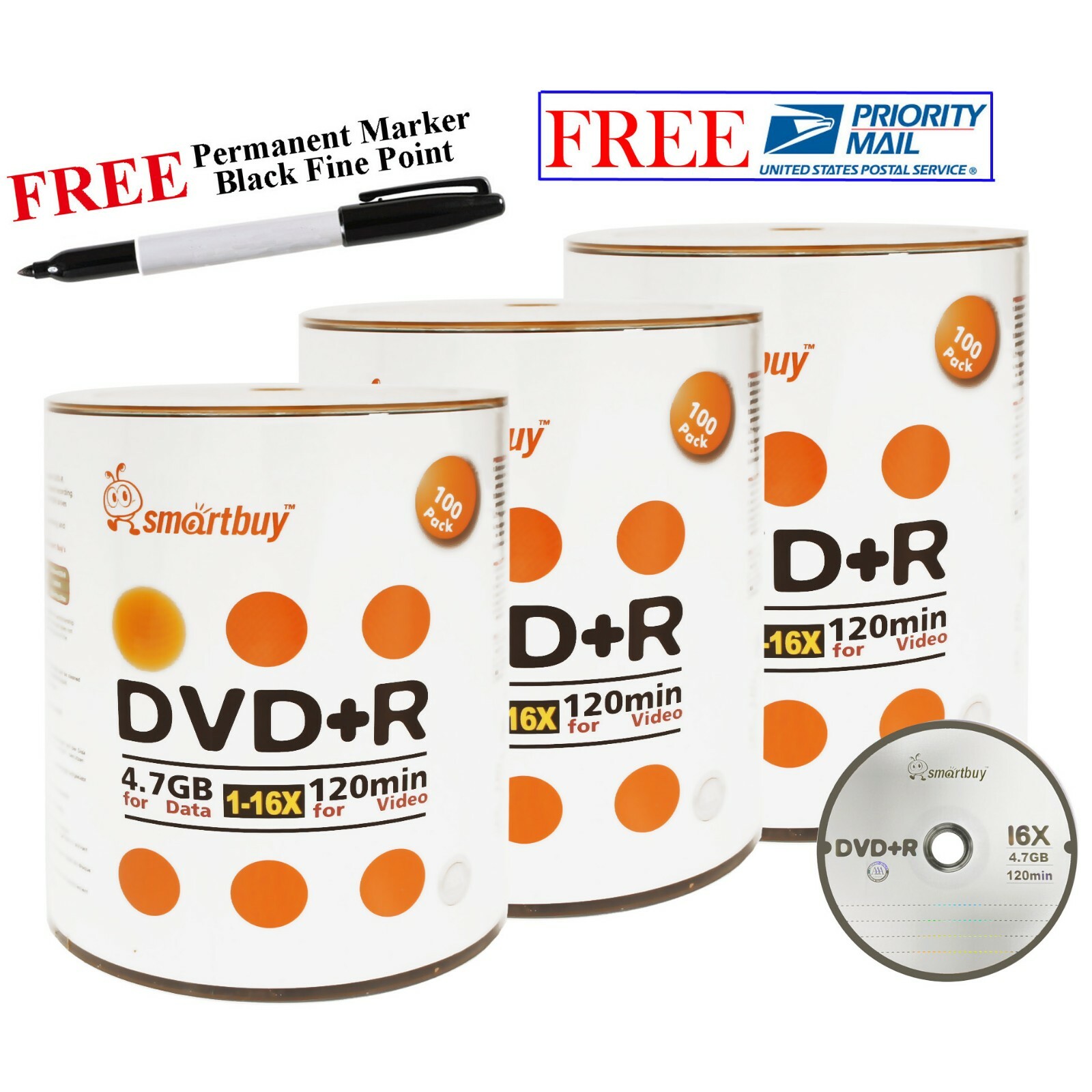 300 Pack Smartbuy 16X DVD+R 4.7GB Logo Recordable Disc + Black Permanent Marker