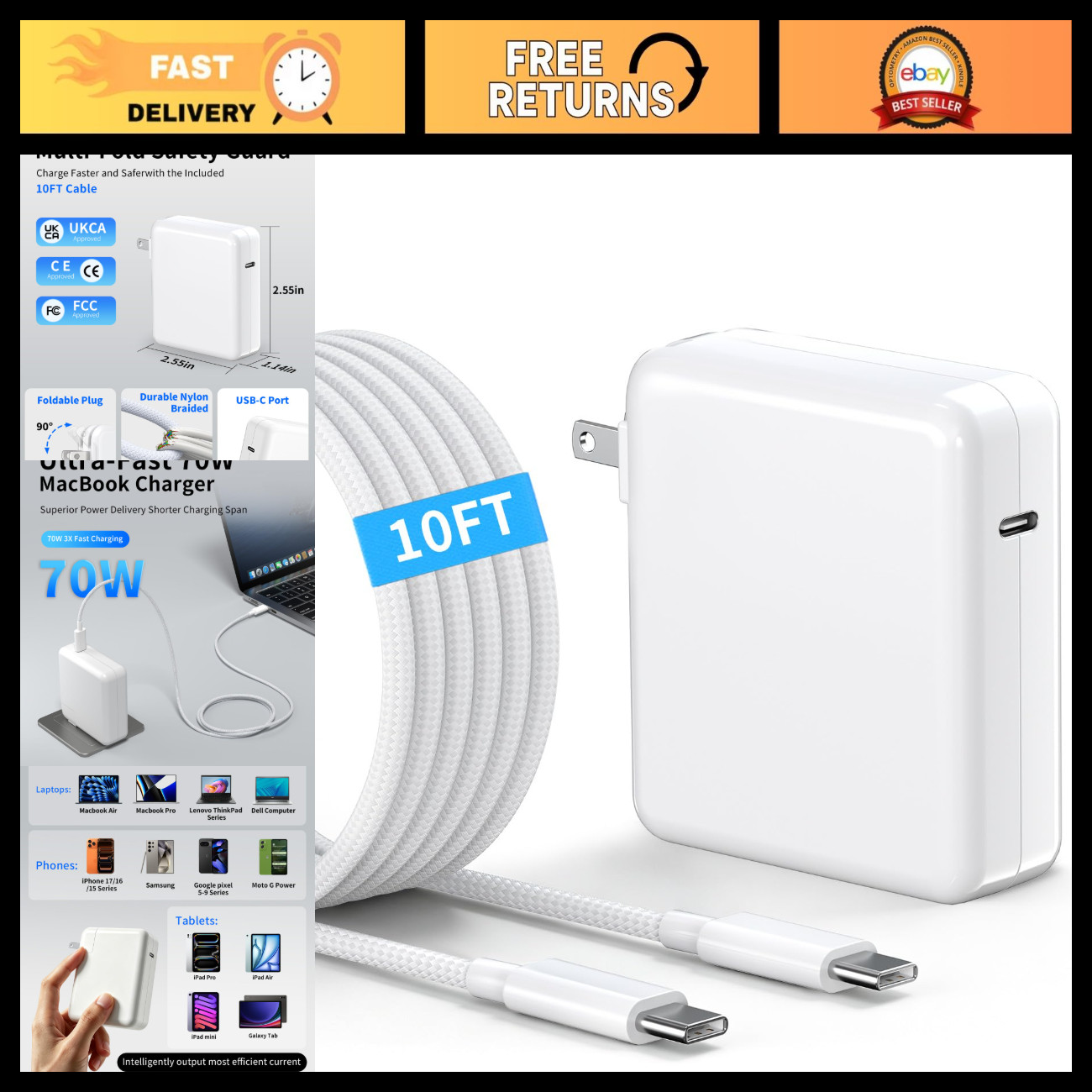 70W USB C Power Adapter Charger for MacBook Pro - 10FT Nylon Braided Cable