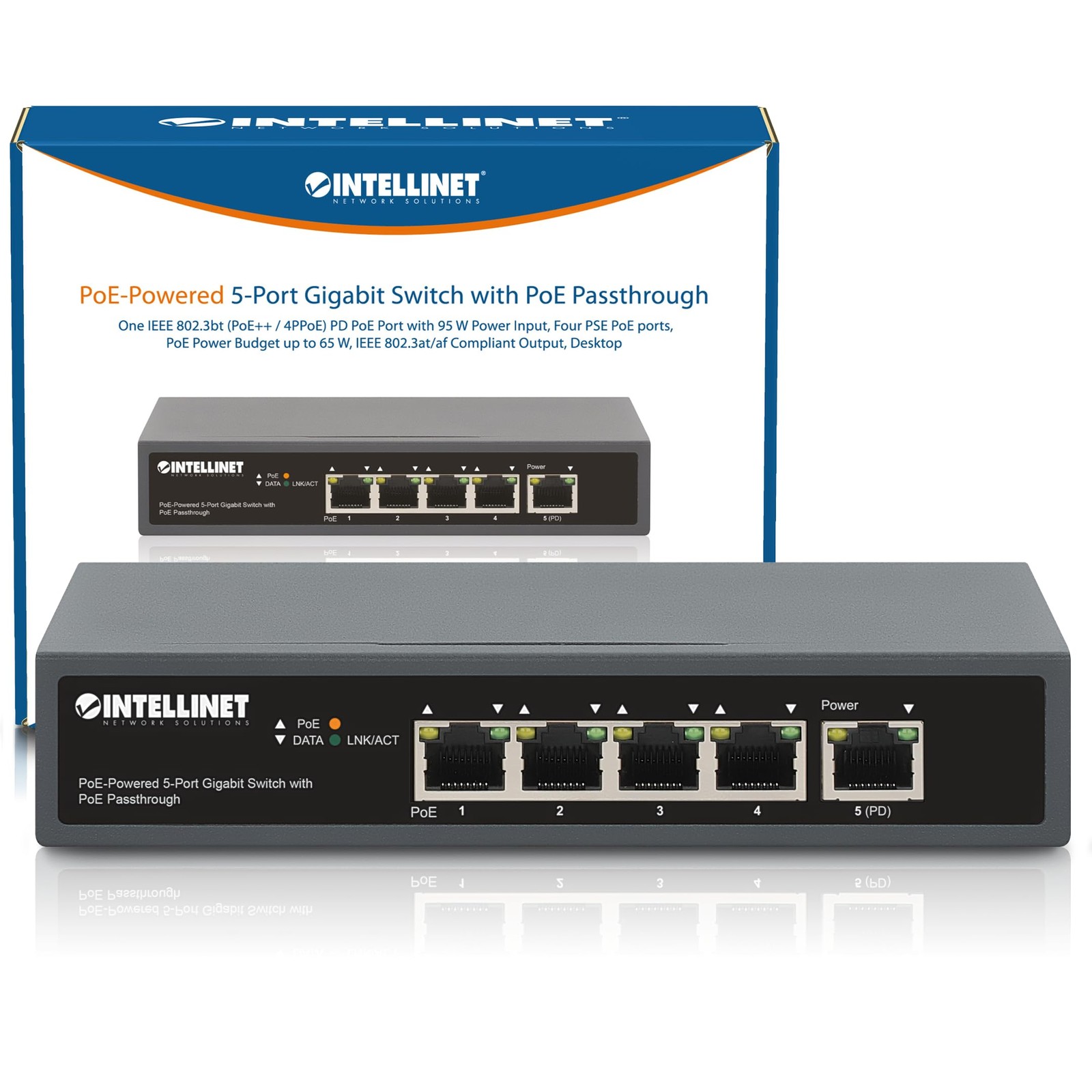 Intellinet 5-Port Gigabit PoE+ Switch with PoE Passthrough, 65W Power