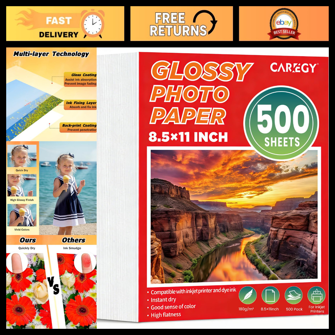 500 Sheets Glossy Photo Paper 8.5"x11" - High-Quality, Instant Dry, Ideal for Pr