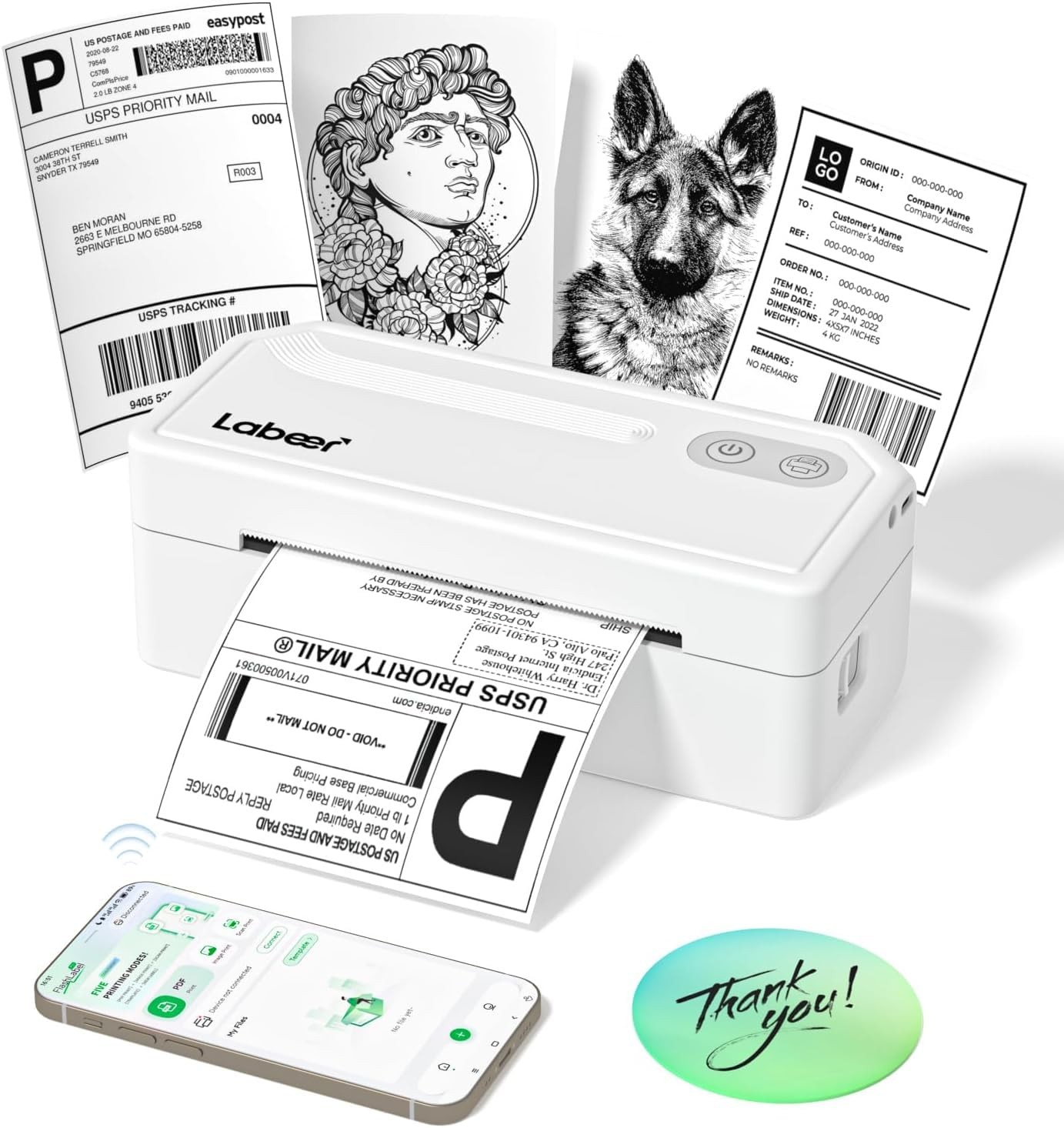 Bluetooth Thermal Shipping Label Printer, Wireless 4x6 Printer White